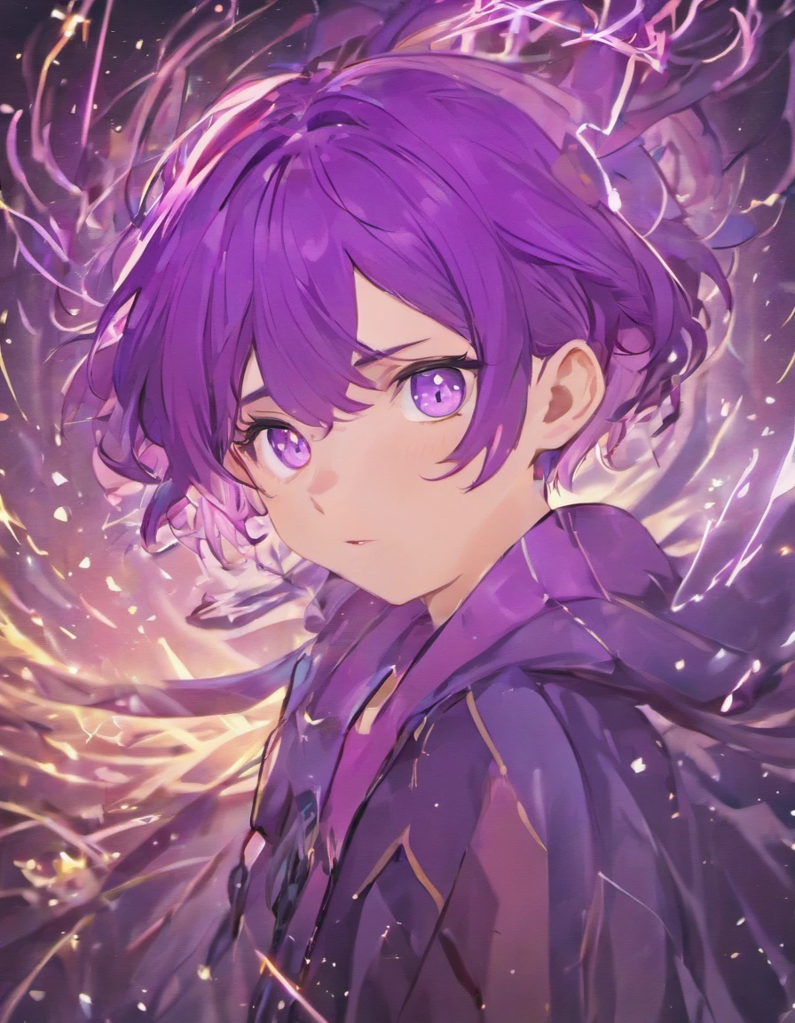 (masterpiece, highlydetailed, purple hair:1.5), (1boy), male, (beautiful face, cute expression), (charming), detailed purple eyes, short hair, bangs, armor, electricity, glowing, glowing eyes, helmet, lightning, male focus