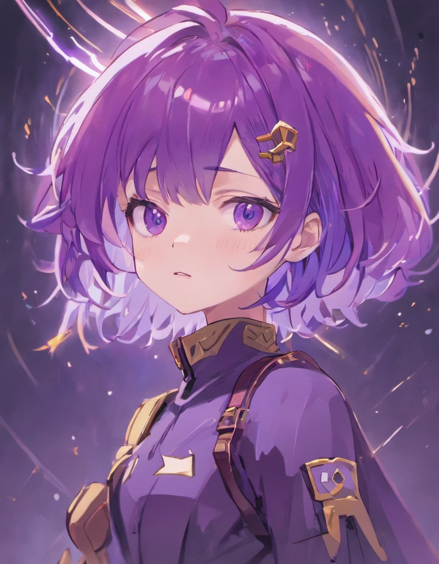 (masterpiece, highlydetailed, purple hair:1.5), (1boy), male, (beautiful face, cute expression), (charming), detailed purple eyes, short hair, bangs, armor, electricity, glowing, glowing eyes, helmet, lightning, male focus