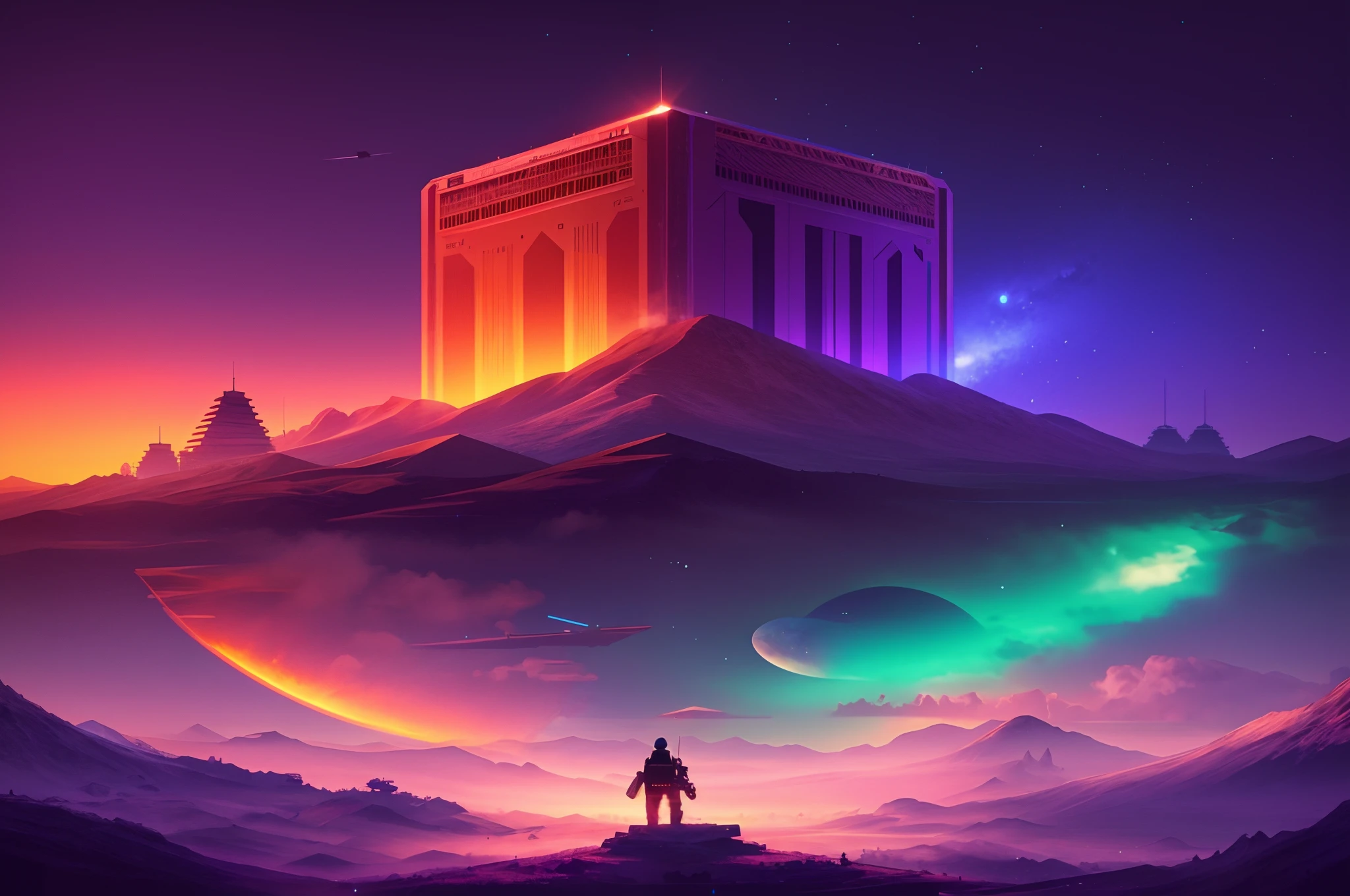 a man standing on a hill looking at a tower in the sky, Artgem e Beeple Masterpiece, cores do bipe, Arte bonita UHD 4K, arstation e bipe altamente, em estilo de bipe, Artem Demura Beeple, arte do bipe, Obra-prima Beeple, 4K HD papel de parede ilustrativo, vivo
