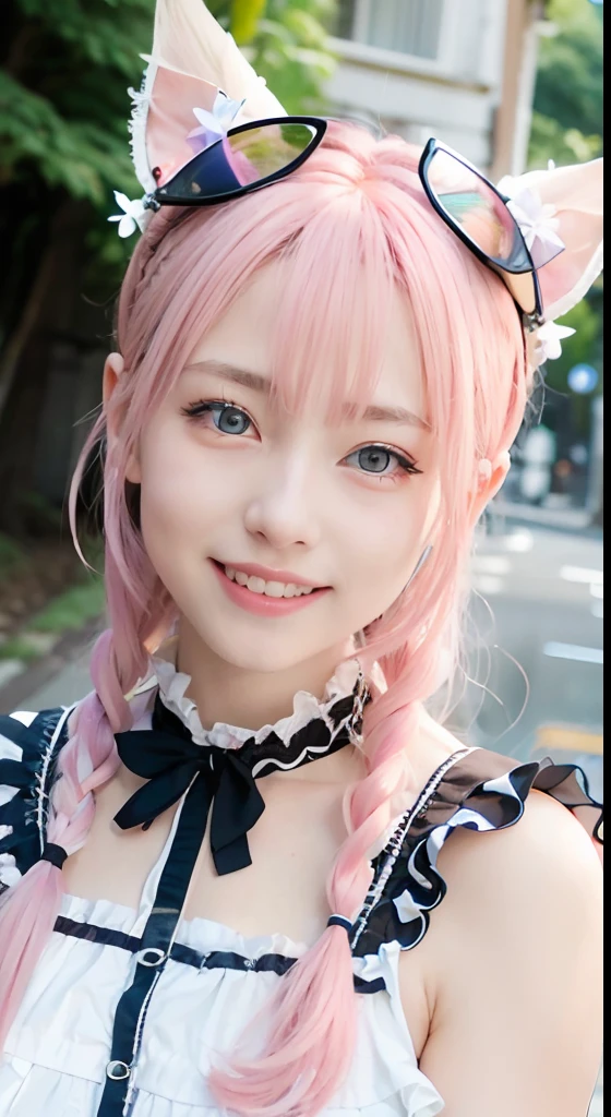(ultra-detailliert), Frontal Face,head shot, Front view,Cute princess dress in white,(frilly dress),(shortsleeves),Blue eyes,The upper part of the body、cowboy shot、faces、(A smile:1.5),(facing front:1.2), 20yr old, s girl,no tail,(no tail),2D, masterpiece, top-quality, animesque, A detailed eye, A detailed face, girl with, Only 1 person,Medium hair with pink hair, (Pink hair), small tits, straight haired、 Stand at the intersection、(No headband)、No ears