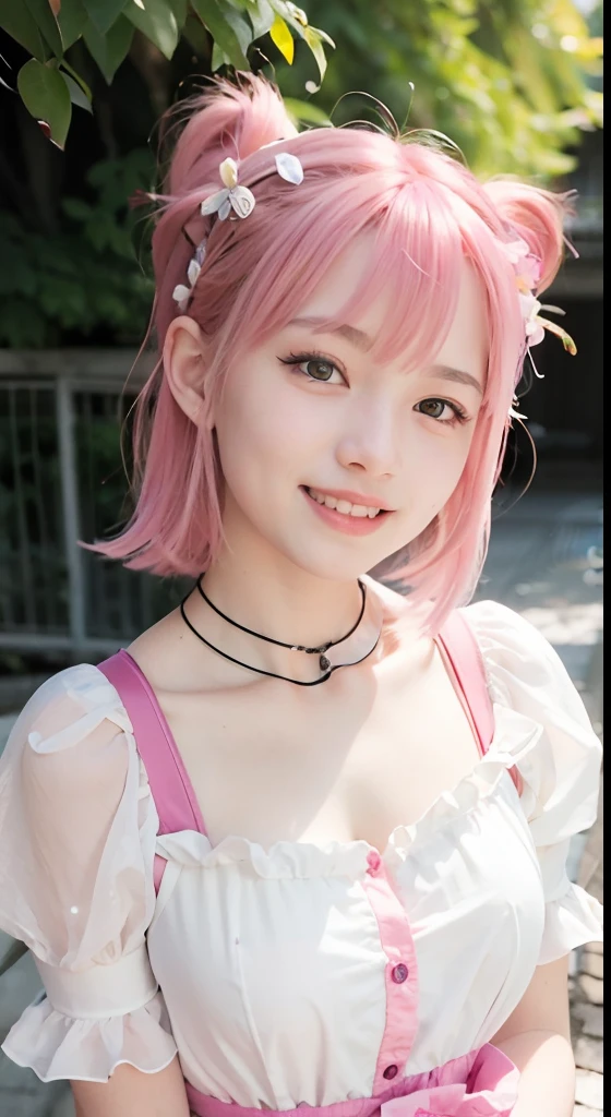 (ultra-detailliert), Cute princess dress in white,(frilly dress),(shortsleeves),Blue eyes,The upper part of the body、a closeup、faces、(A smile:1.5),(facing front:1.2), 20yr old, teens girl,no tail,(no tail),2D, ​masterpiece, top-quality, Band Group Vocals, a closeup,  Stand Microphone, Mouth open, A detailed eye, A detailed face, girl with, Only 1 person,Pink Hair Medium Hair, (Pink hair),  Ear Hair, small tits, Single braid, (Single braid), (Side braid), Pink ribbon, Ribbon around the neck, (White sleeves), Background bokeh