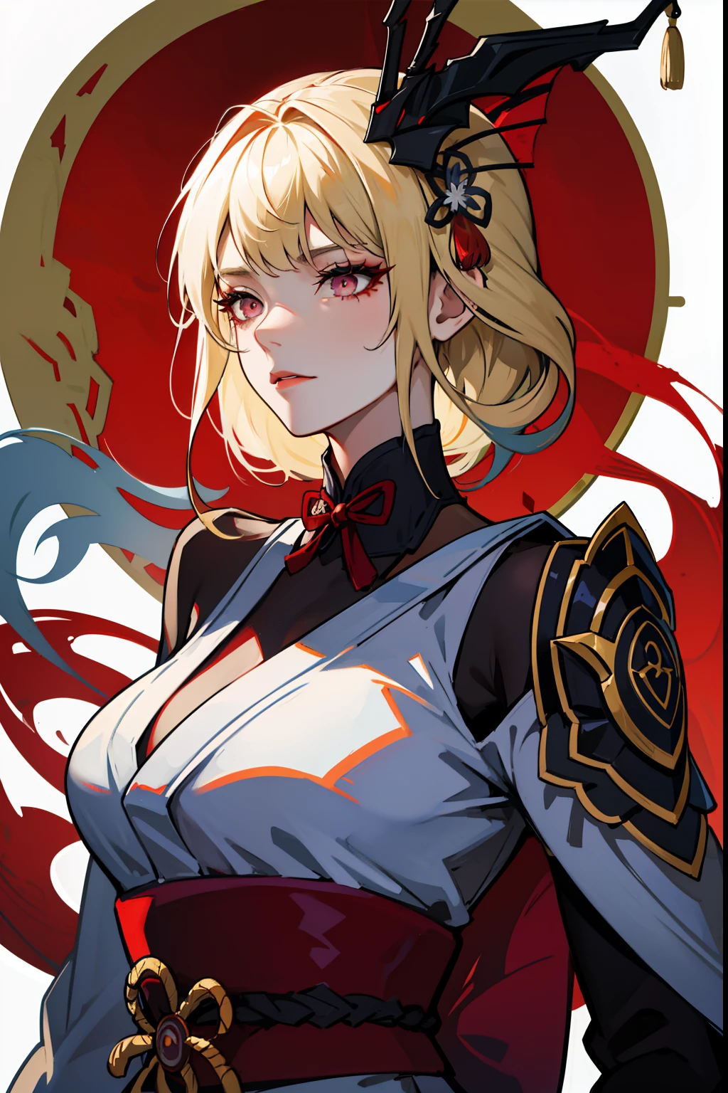 Hair beauty,Tall and tall,don,Ancient China,Red Eyes,The eyes are cold and evil,Chinese Face,Impeccable,delicated,Ancient Hanfu,period costume,(Background with:Dark and frightening,Countless ghosts,terrorism,thriller)Cursed Girl,Chinese horror,The mask is half masked,Ancient Design Sense Mask,a blond, short-hair