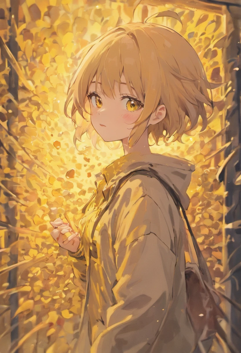 Maximize the boy's beauty、Delicate and elegant portrait。Depicting a landscape where soft light gently blends into hair and skin。male child、Milk tea hair color、Bery short hair、bright pale yellow eyes、A little sharp eye、long lashes、Milk tea colored lashes、yellow jacket、Black food、cyberpunked、Black Gloves