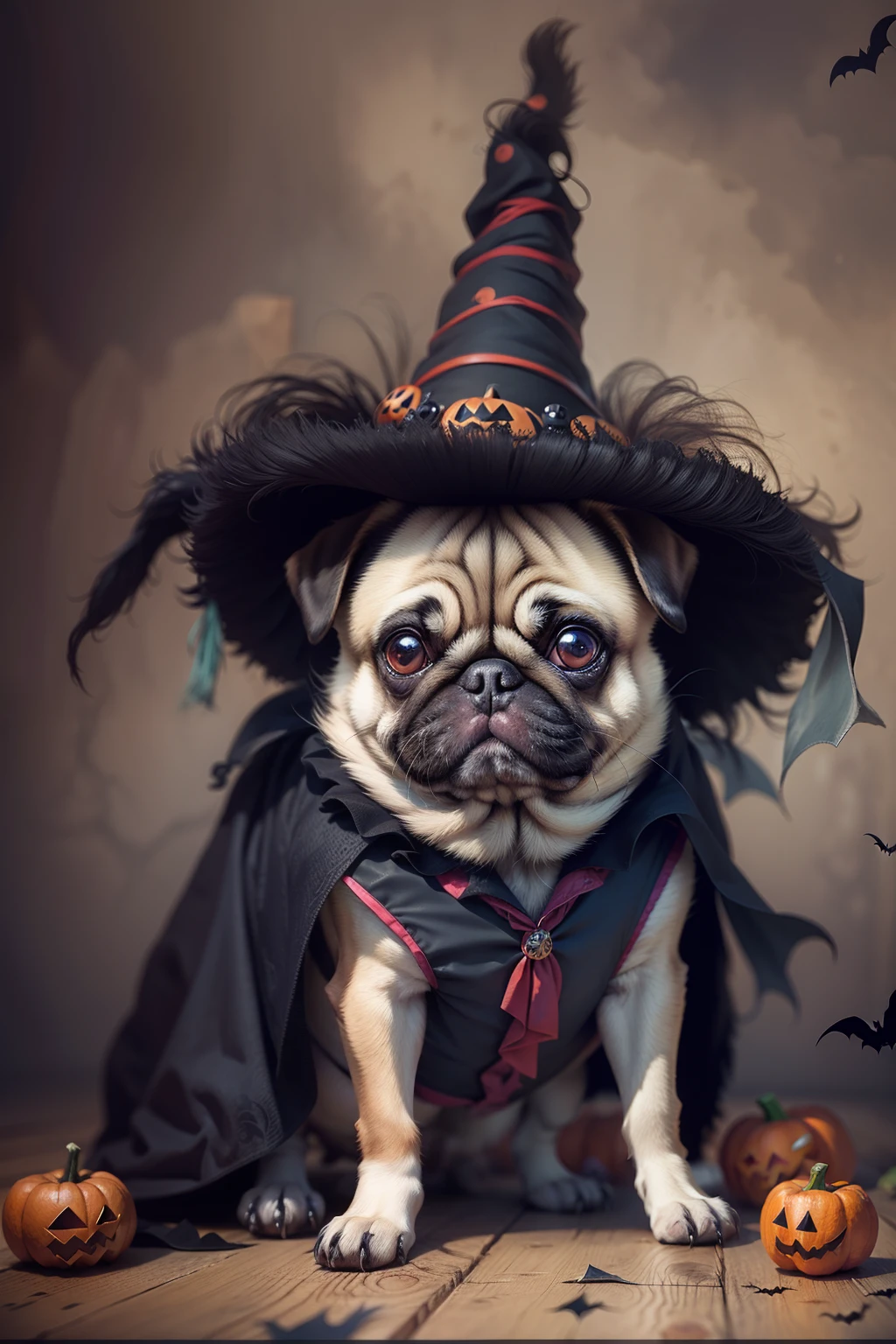 fantasy pug dog dressed for halloween, tim burton style