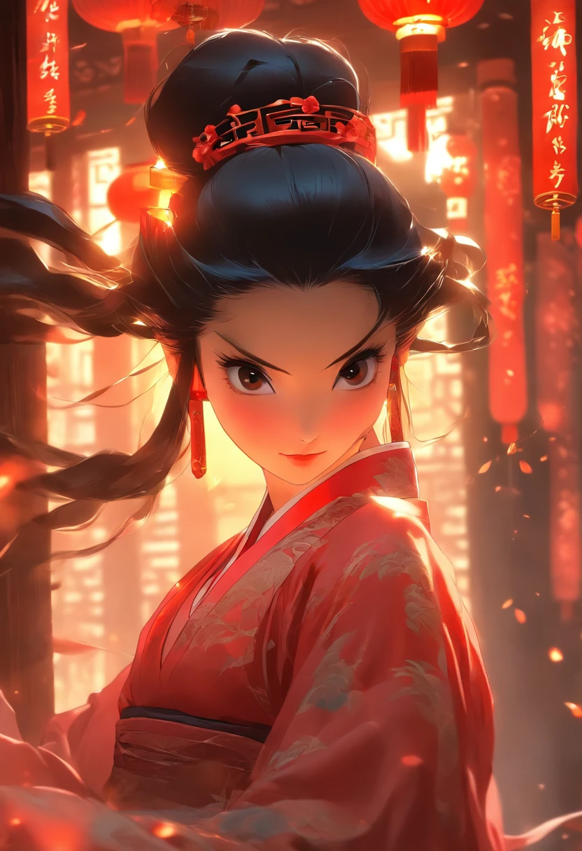 a beauti，Delicate facial features，detailed black eyes，She wears long black hair，The figure is curvaceous，Crotch width，Dancing in a long red Hanfu，dynamicposes，The barefoot，dingdall effect，Volumetriclighting，inside in room，palaces，Chinese ancient style，ancient buildings of China，Candle light，the night，Master masterpieces，hyper HD，32k,超高分辨率，