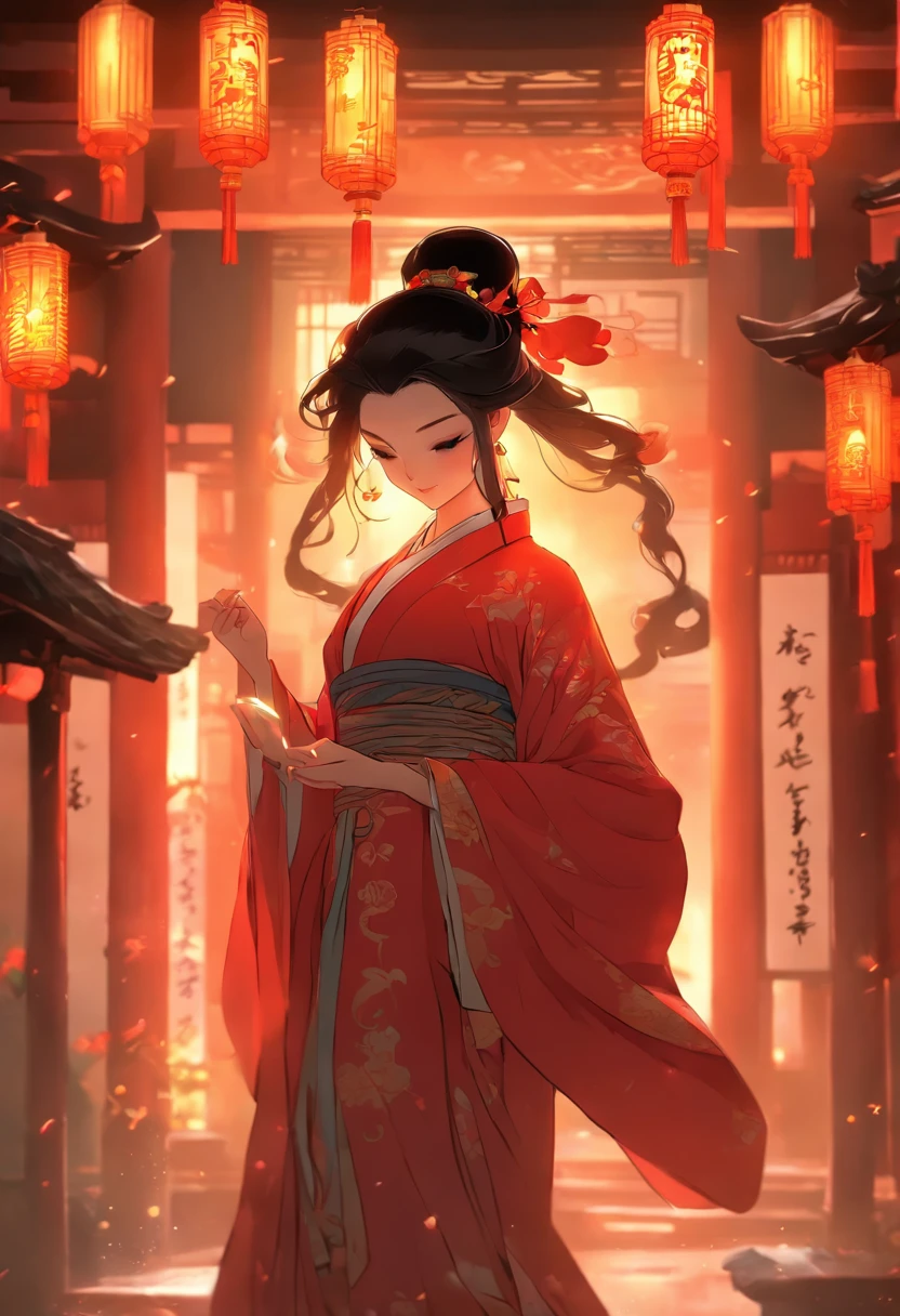 a beauti,Delicate facial features,detailed black eyes,She wears long black hair,The figure is curvaceous,Crotch width,Dancing in a long red Hanfu,dynamicposes,The barefoot,dingdall effect,Volumetriclighting,inside in room,palaces,Chinese ancient style,ancient buildings of China,Candle light,the night,Master masterpieces,hyper HD,32k,超高分辨率,