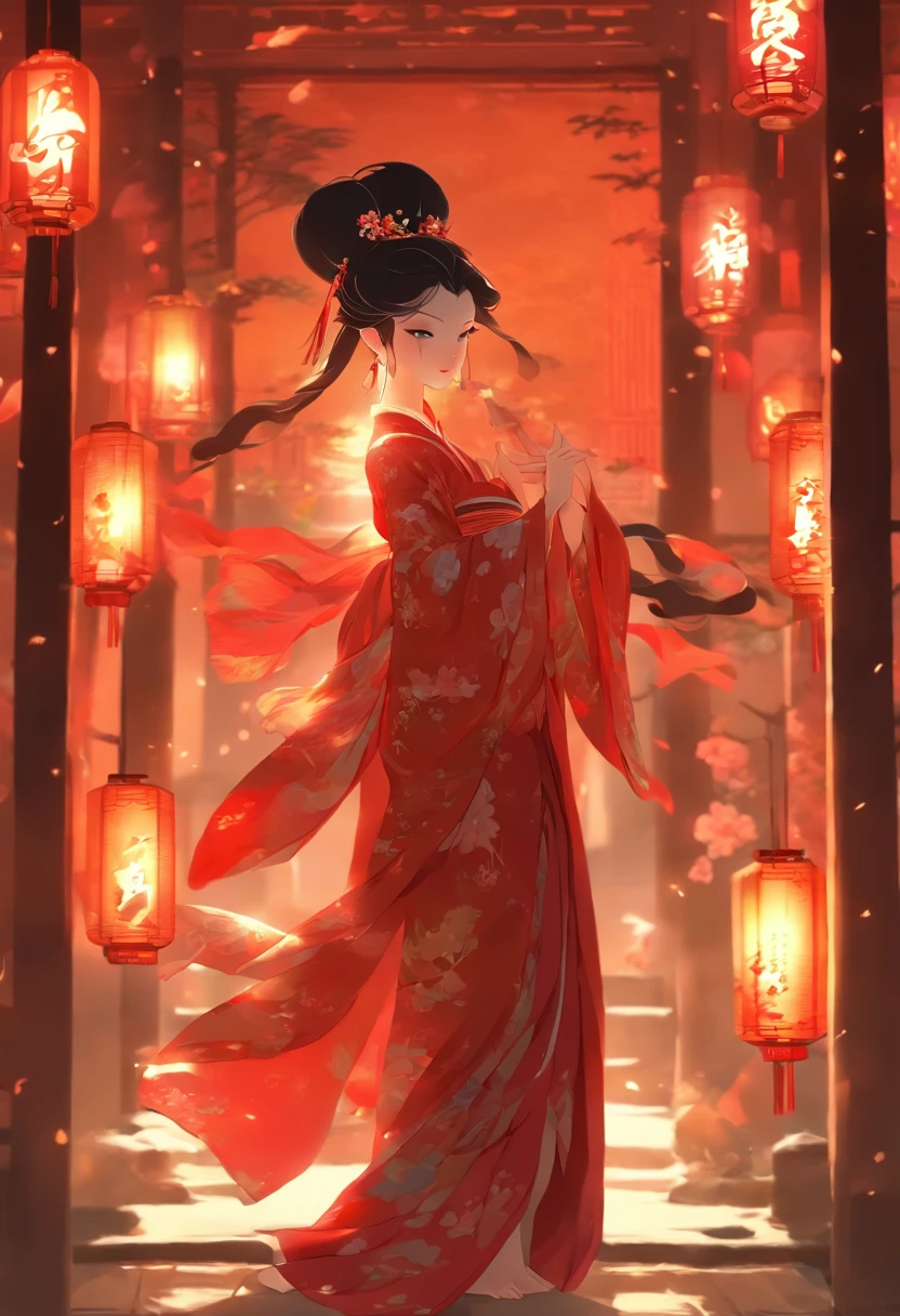 a beauti,Delicate facial features,detailed black eyes,She wears long black hair,The figure is curvaceous,Crotch width,Dancing in a long red Hanfu,dynamicposes,The barefoot,dingdall effect,Volumetriclighting,inside in room,palaces,Chinese ancient style,ancient buildings of China,Candle light,the night,Master masterpieces,hyper HD,32k,超高分辨率,