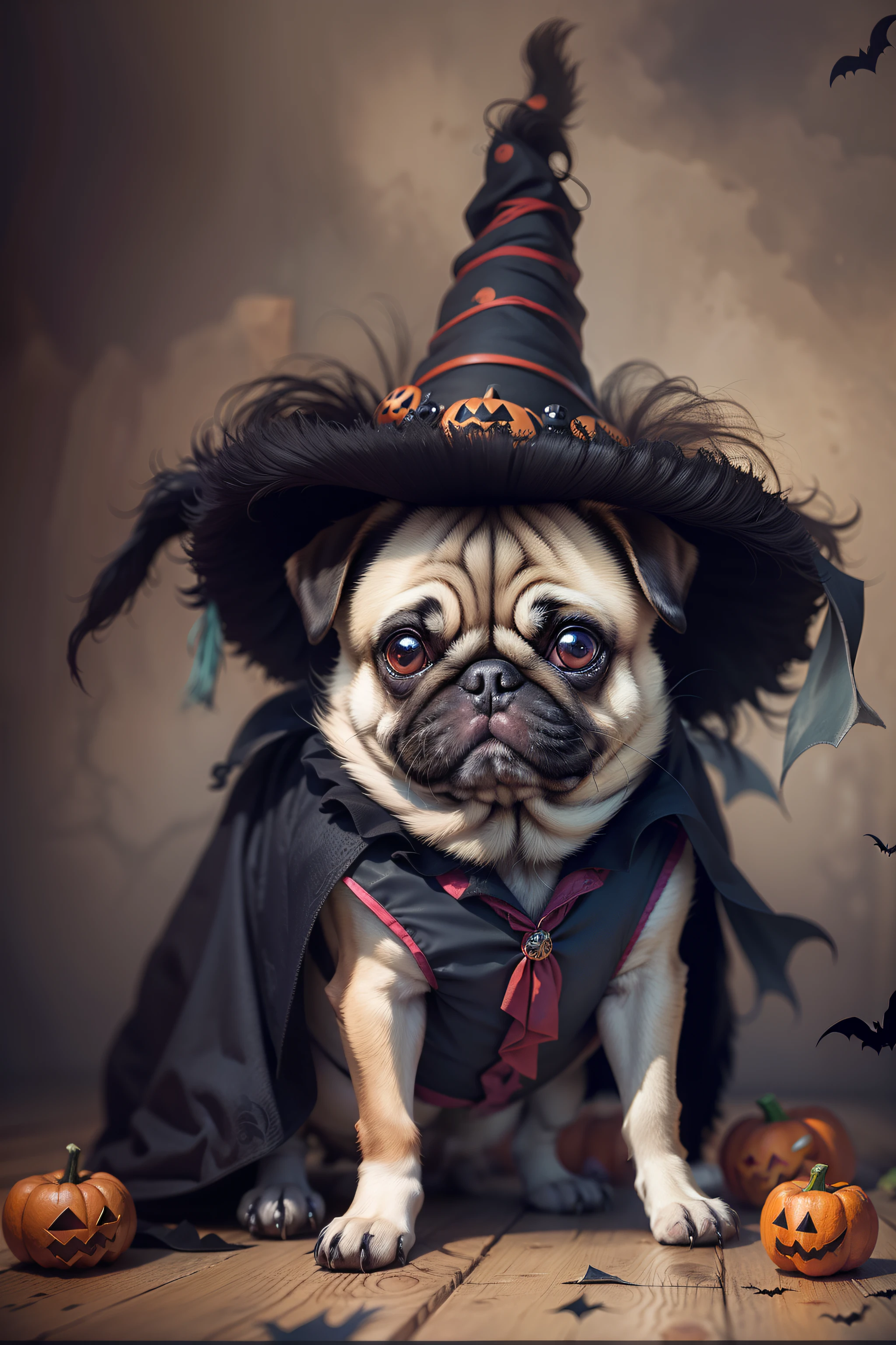 fantasy pug dog dressed for halloween, tim burton style