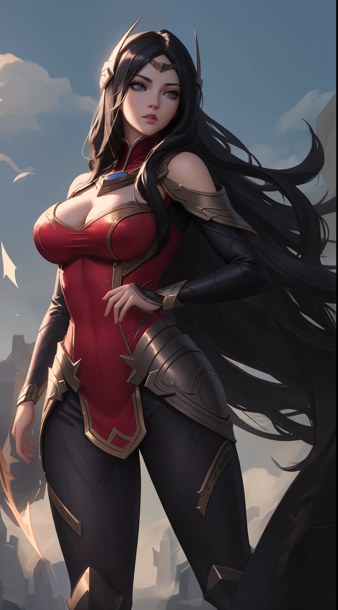 Irelia league of legends, female character, ((masterpiece)), beautiful body, black hair and natural eyes, war outfit, ((digital art 8k)), high contrast, best illumination, best art, beautiful girl, soft color, medium breasts, high quality shading, skin realistic,