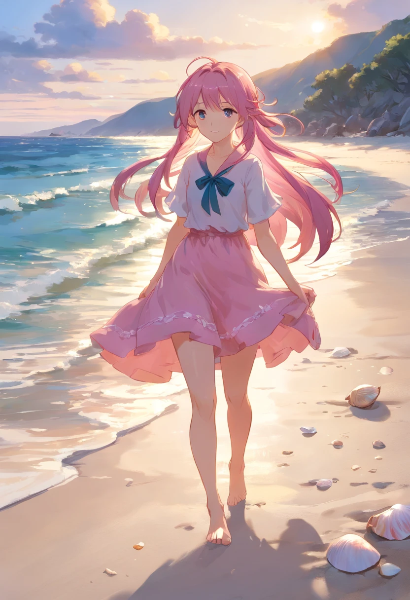 Granblue Archives,A girl picks up shells by the sea,Long pink hair,Walk barefoot on the beach