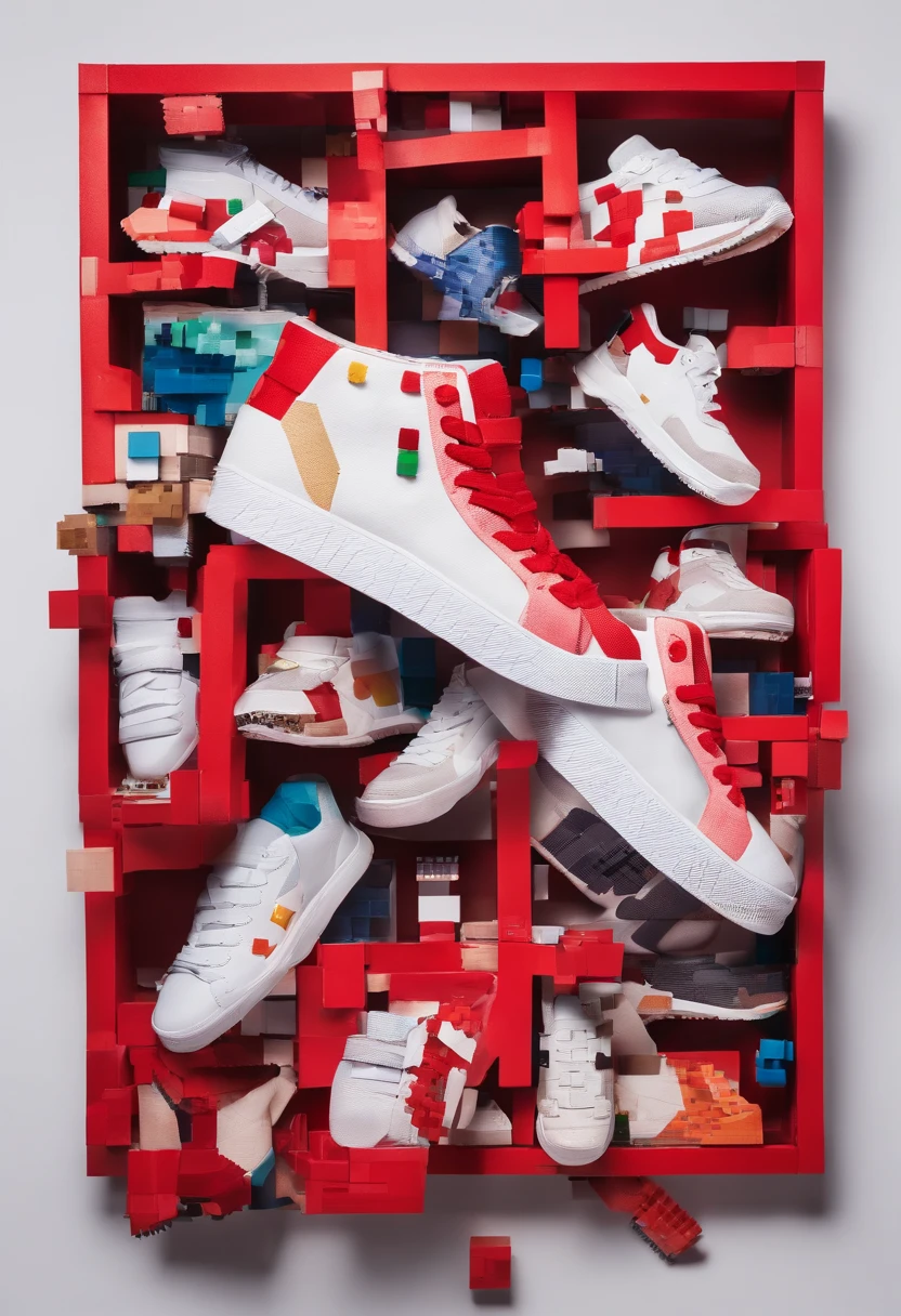 Craft a captivating and creative advertising photograph for white red sneakers that pushes the boundaries of traditional marketing. Showcase the sneakers in a unique and unexpected setting or context that tells a compelling story about the product. Use innovative lighting, angles, and composition to emphasize the sneakers' design, comfort, or performance features. Let your imagination run wild to create a visually stunning and memorable advertisement that makes viewers eager to step into these sneakers."
