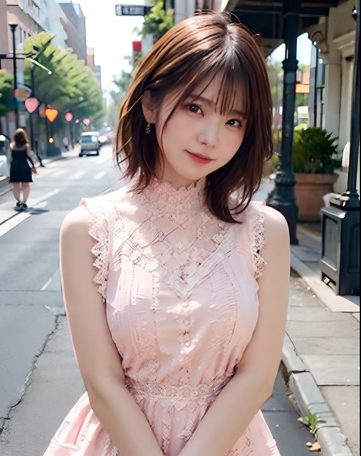 Woman posing on street corner in pink dress, top-quality, hight resolution, 8k, 1girl, (huge tit), tag, with light glowing, plein air, (a street:0.8), (a person, crowd:1), (lace trimmed dress:1.5, pink clothing:1.5, Pink high neck dress:1.5, sleeveless dress, pink  dress:1.5), medium chest、a gorgeous, (Medium hair), Beautiful details sky, earring beautiful, (dynamicposes:0.8), (The upper part of the body:1.2), Soft lighting、the wind、shinny skin、looking at the viewers、