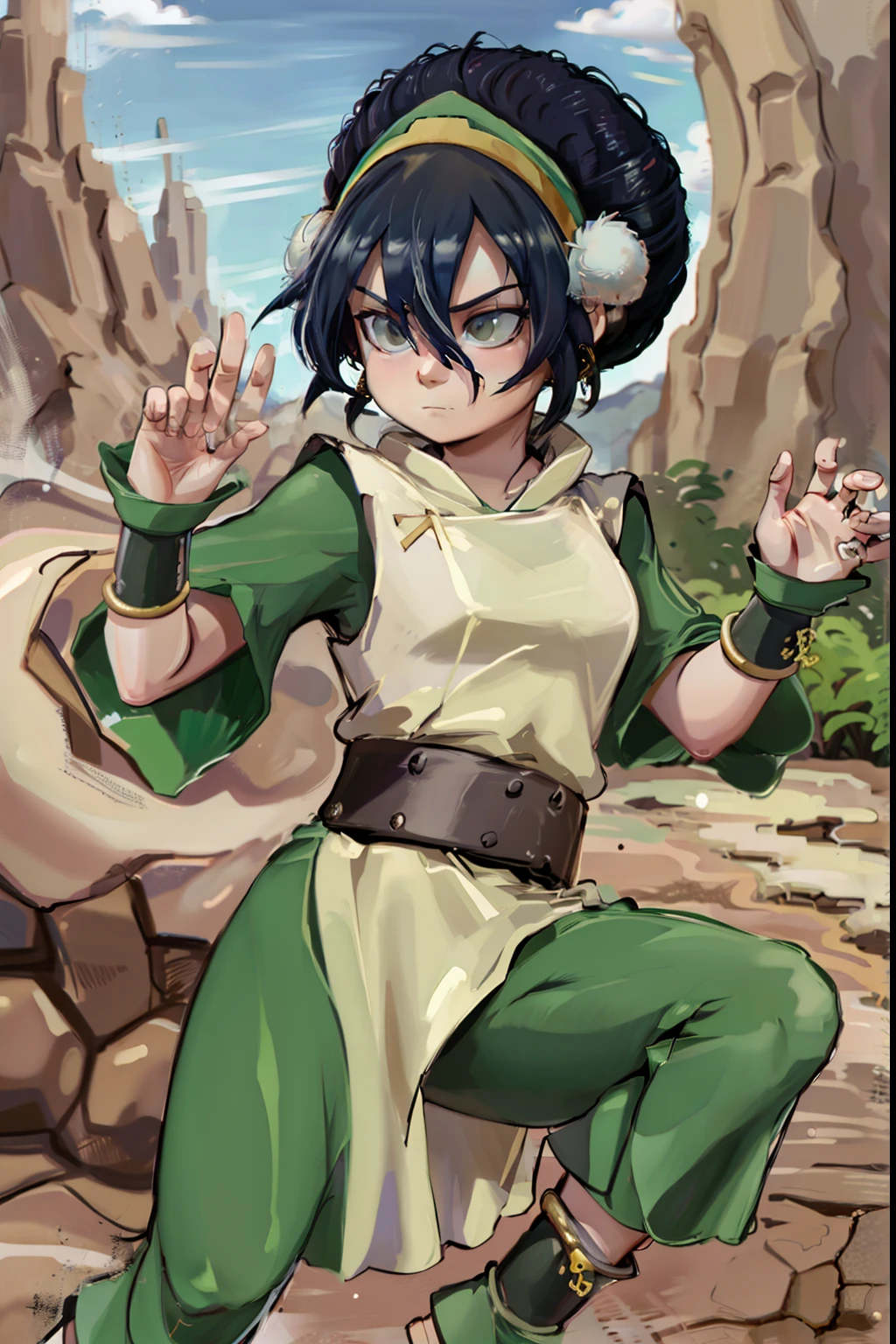 Cegueira: One of the most notable characteristics of Toph is his blindness. Ela nasceu cega, But he developed the ability to see the world around him through the earth-bending technique known as "bending sonic earth", which involves detecting vibrations in the ground.

Cabelo Escuro: Toph tem cabelos escuros e longos que ela costuma manter amarrados em um coque.

Vestimenta de Terra: She wears a typical Earth Nation outfit, que consiste em uma blusa verde escura, pants of the same color and boots.

Cinto de Metal: Toph is known to wear a metal belt, which also serves as part of their metal bending technique.

Luvas de Metal: Ela usa luvas de metal para auxiliar na dobra de terra e metal.

Tatuagens de Dois T's: Toph tem tatuagens de dois "T's" in the palm of your hands, which are the symbol of his earth-bending school, a Academia de Dobradores Cegos.

Determined expression: Toph is often portrayed with a determined and confident expression, refletindo sua personalidade forte e teimosa.

Pequena Estatura: She is one of the lowest characters in the main group of protagonists of the series, Which contrasts with her incredible skill as a master of earthbending.