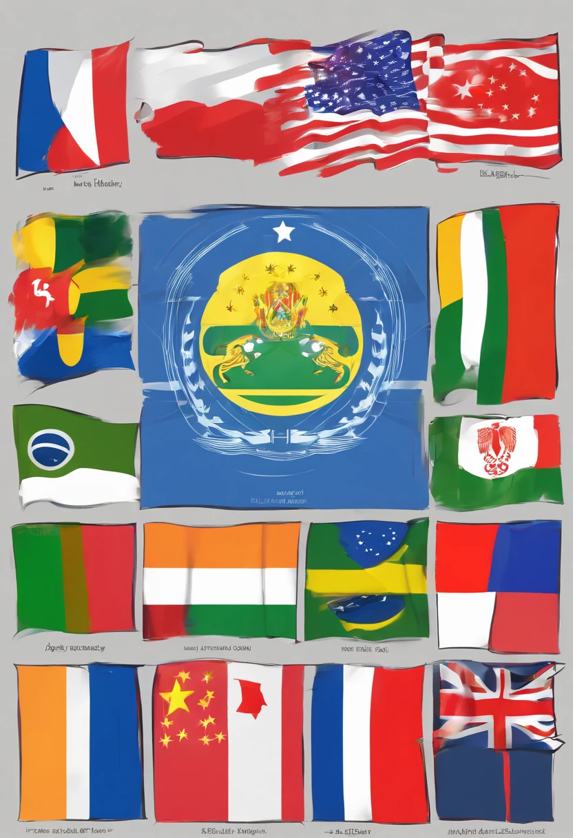 Logo, Flag divided with the flags of the countries: Brasil, Russia, india, China, South Africa and a positive symbol