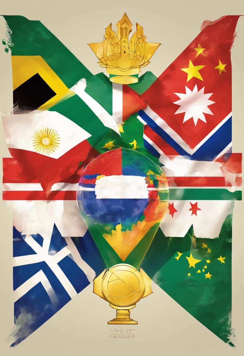 Logo, Flag divided with the flags of the countries: Brasil, Russia, india, China, South Africa and a positive symbol