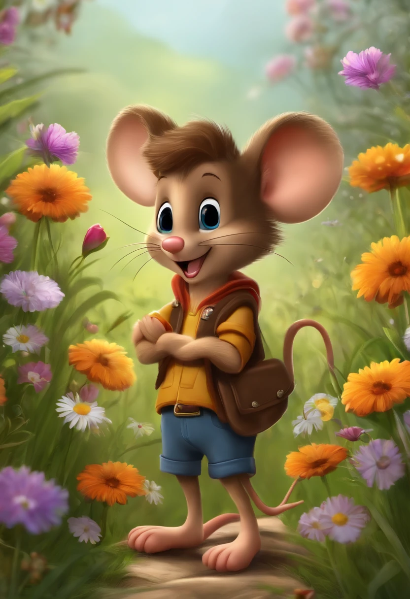 mouse,adolable,shaggy,Cartoony,In the meadow,There are flowers,Brown hair。