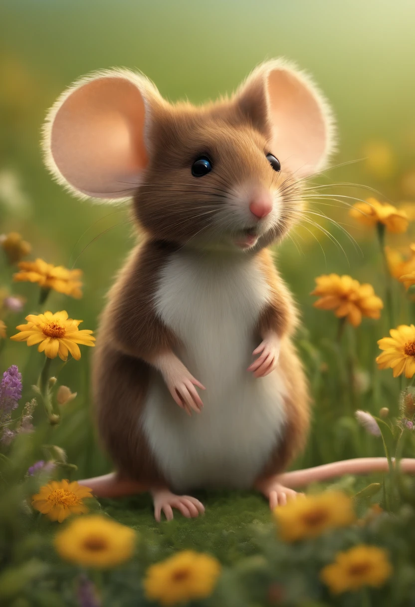 mouse，adolable，shaggy，Cartoony，In the meadow，There are flowers，Brown hair。