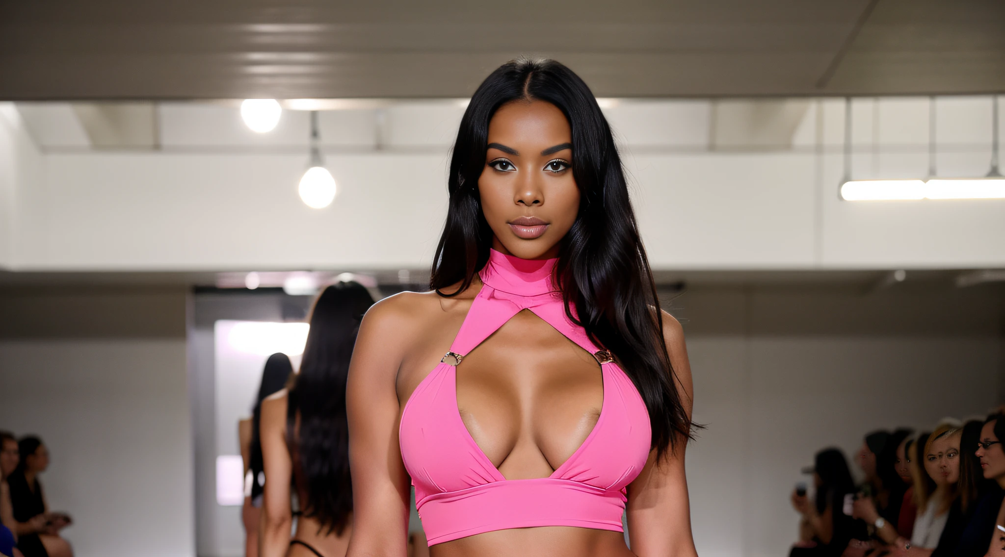 a model walks the runway wearing a pink swimsuit with straps and a high neck, 1girl, solo, breasts, dark skin, dark-skinned female, jewelry, long hair, black hair, swimsuit, huge breasts