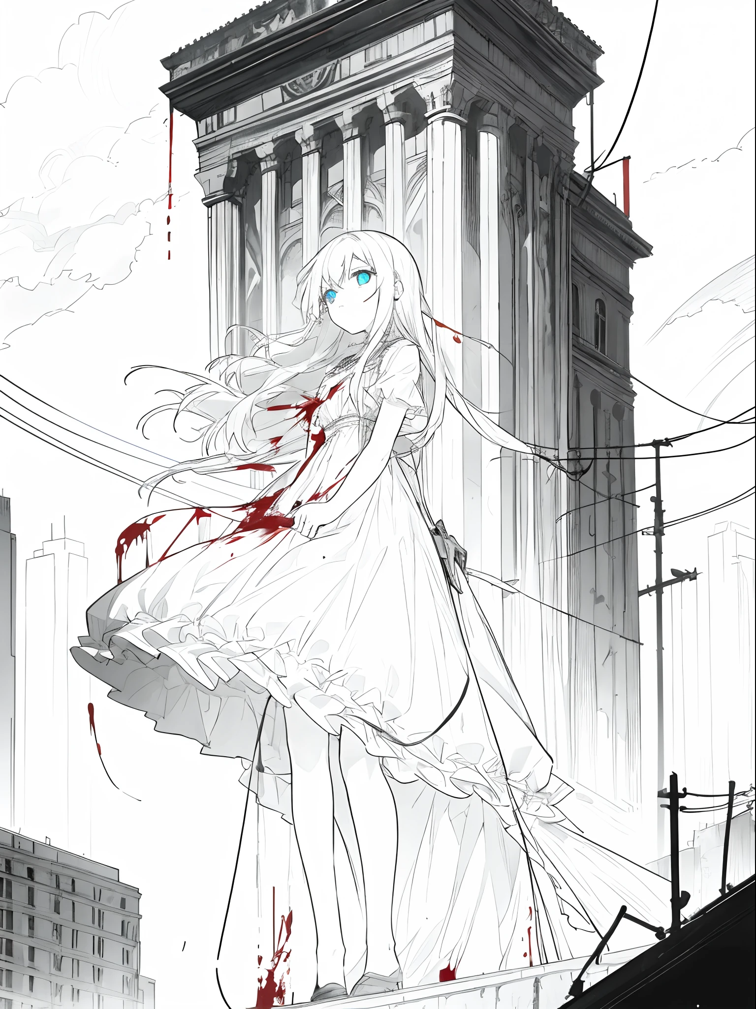 girl standing on building looking at her death, masterpiece, best quality, high res, 1girl, long hair, dress, dark area, suicide, suicidal, suicidal girl, yandere, depression, looking emotionless, front view, holding a noose, blood, red blood, cinematic, 4k cinematic, edge of a building, building, grey, edge of dark building, looking up from girl, white tattered dress, clear blue eyes, look up perspective, holding a rope, holding a noose