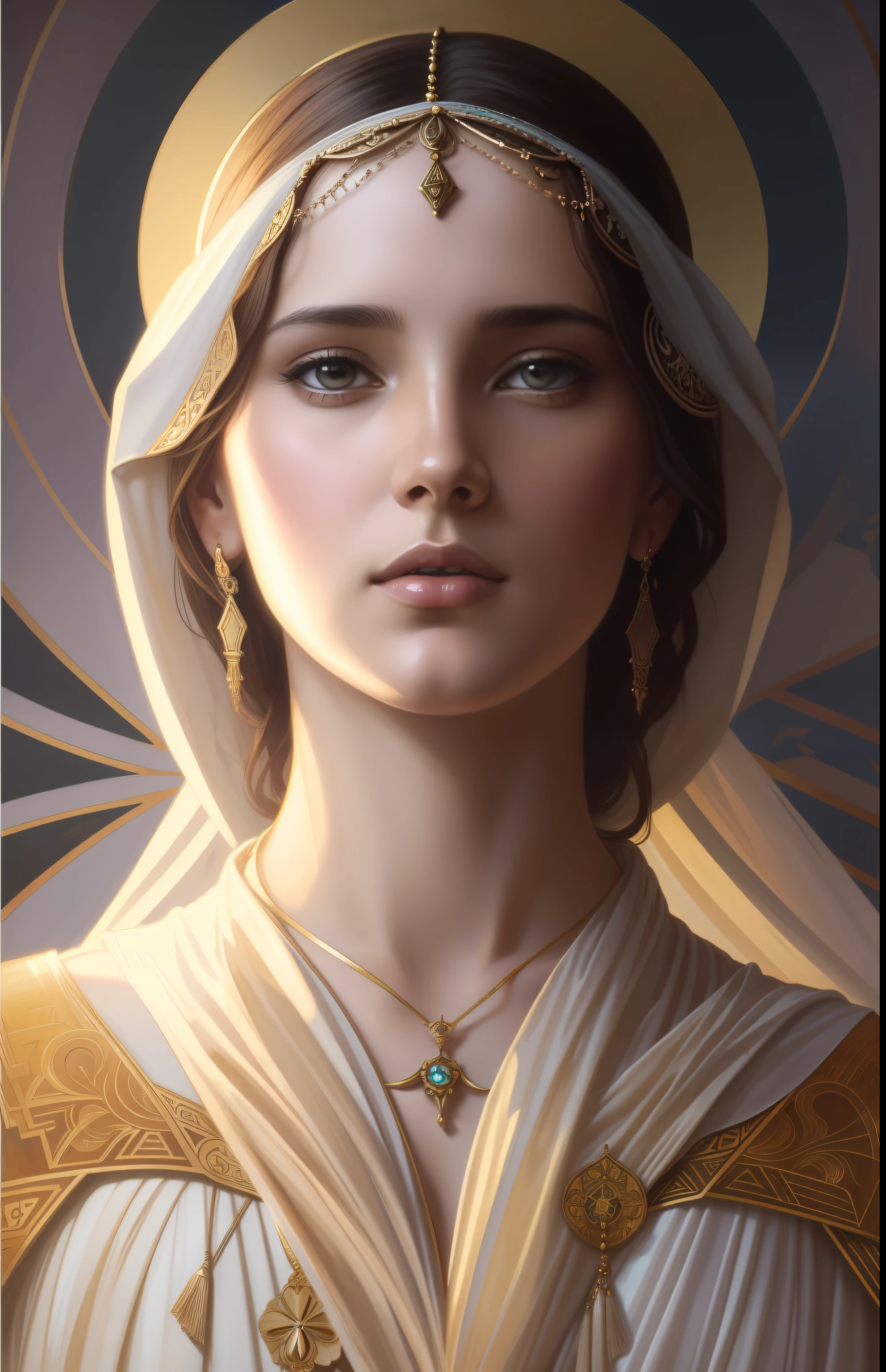 The Virgin Mary and the Child Jesus. MUJER CAUCASICA. 19 years old, DULCE Y LA INOCENTE MIRADA ANGELICAL, Alta calidad, obra maestra, rasgos faciales exquisitos, cabello exquisito, ojos exquisitos, cabello de color exquisito, calidad de imagen 4K, hermosa luz y sombra, efecto Tyndall, halo, cabello desordenado, estado joven, escena hermosa, ropa exquisita, cadenas, plumas, belleza antigua con ojos grandes muy detallados, pintura digital, artstation, arte conceptual, foco nítido, illustration, arte de greg rutkowski y alphonse mucha y victo ngai