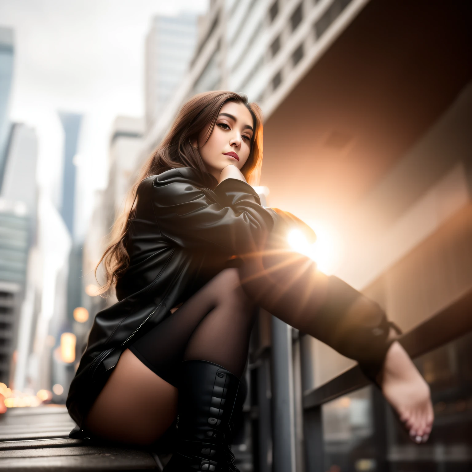 arafed woman leaning on a railing in a city, shot with sigma f/ 4.2, shot with sigma f / 4. 2, shot on leica sl2, shot with hasselblad, photograph of a techwear woman, shot in canon 50mm f/1.2, shot with hasselblade camera, shot on hasselblad
