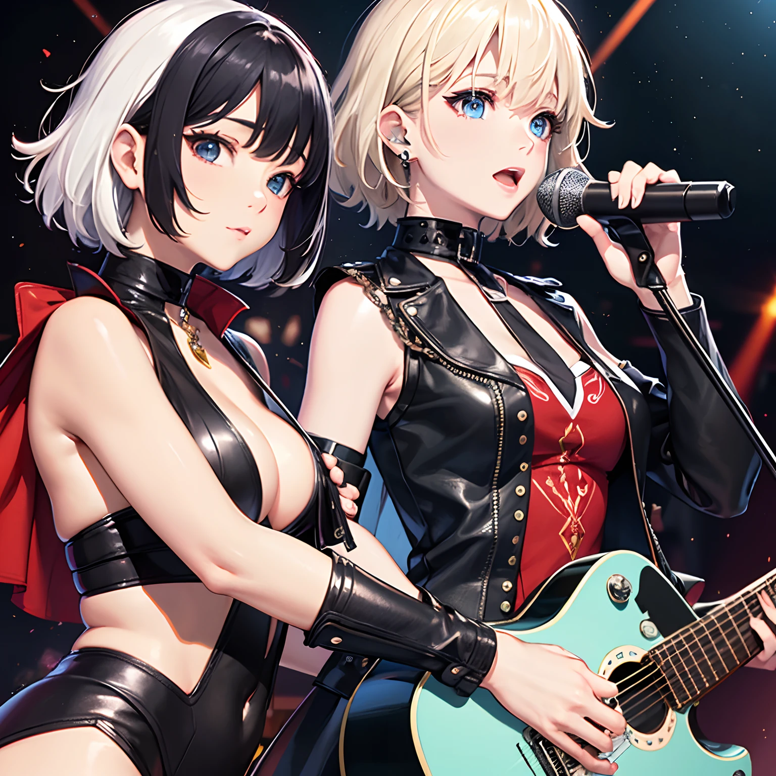 masterpiece、top-quality、hight resolution、High-quality images、8K、2 Otome、detaileds、Detailed eye depiction、skin gloss、shinny hair、Two girls、Long black hair and platinum blonde short hair、Soft hair、Nomiya、portlate、rock band、Superstar、spot light、Vocal&guitarrist、Red and black leather stage costume、concert、hot air
