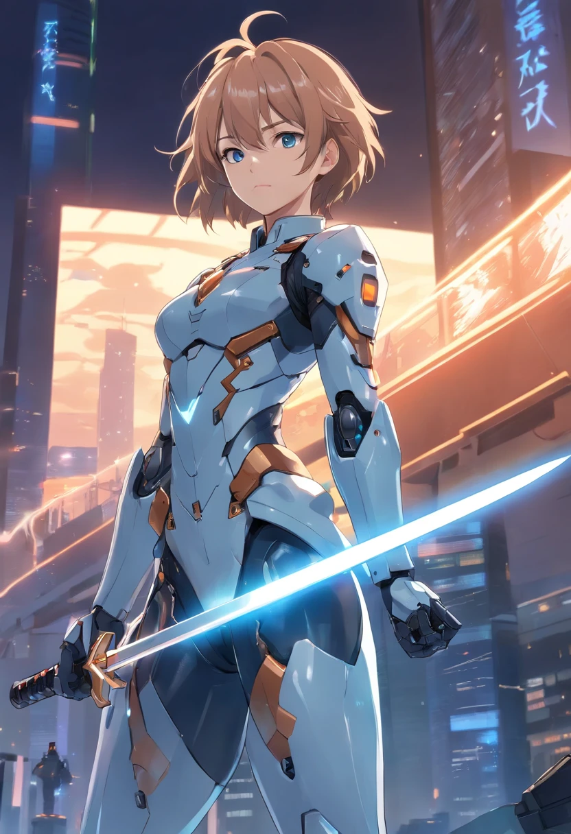 Close-up of a person in a suit holding a sword, female mech, raiden metal gear, ferra white mecha, Girl in Mecha Cyber Armor, high quality digital concept art, epic sci-fi character art, epic sci-fi character art, mechanized valkyrie girl, Air and Mecha theme, Anime Mecha Aesthetics,standing athletic pose