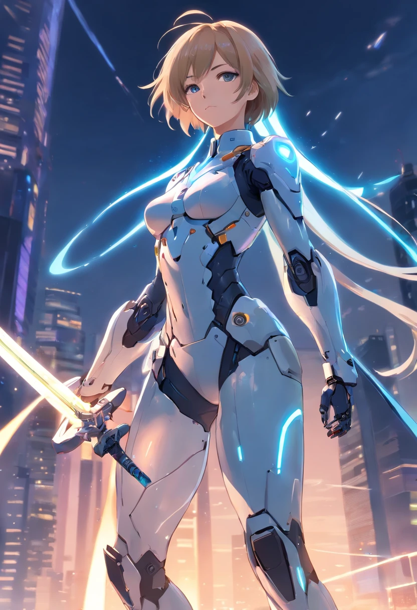 Close-up of a person in a suit holding a sword, female mech, raiden metal gear, ferra white mecha, Girl in Mecha Cyber Armor, high quality digital concept art, epic sci-fi character art, epic sci-fi character art, mechanized valkyrie girl, Air and Mecha theme, Anime Mecha Aesthetics,standing athletic pose
