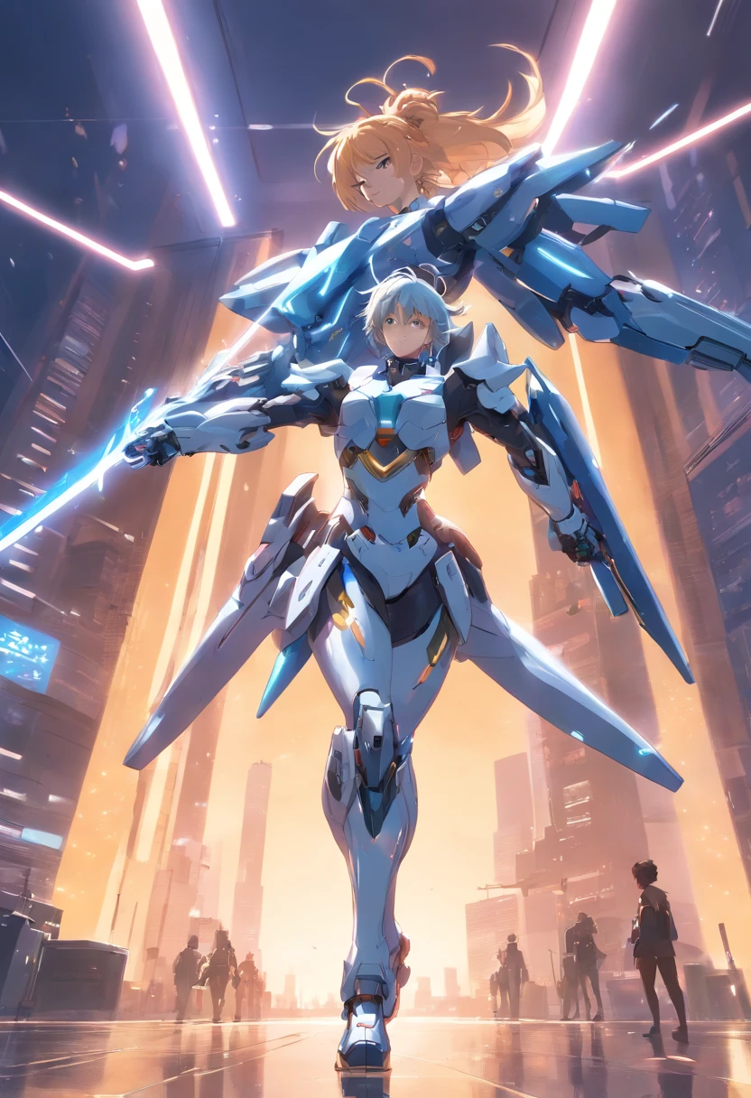 Close-up of a person in a suit holding a sword, female mech, raiden metal gear, ferra white mecha, Girl in Mecha Cyber Armor, high quality digital concept art, epic sci-fi character art, epic sci-fi character art, mechanized valkyrie girl, Air and Mecha theme, Anime Mecha Aesthetics,standing athletic pose
