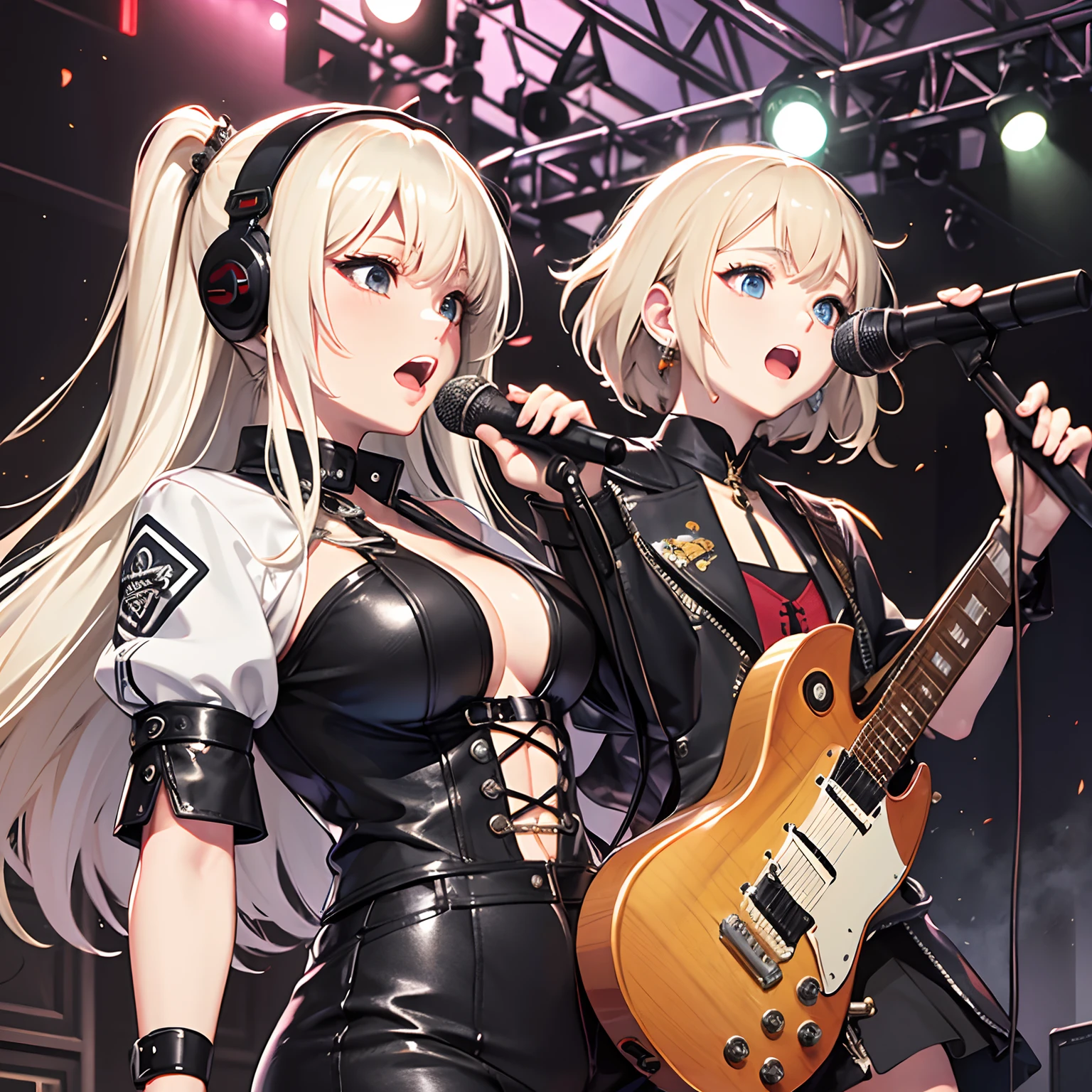 masterpiece、top-quality、hight resolution、High-quality images、8K、2 Otome、detaileds、Detailed eye depiction、skin gloss、shinny hair、Two girls、Long black hair and platinum blonde short hair、Soft hair、Nomiya、portlate、rock band、Superstar、spot light、Vocal&guitarrist、Red and black leather stage costume、concert、hot air