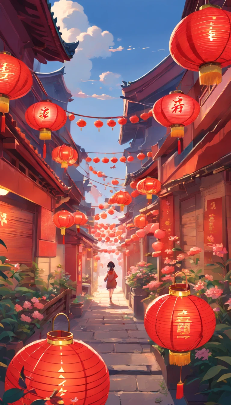 Chinese rats, Lunar New Year, spring flowers, Red lanterns, fundo vermelho, Extremely high quality, Full-HD, Close-up, 2023, ..。.3D