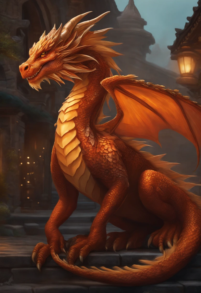 Zodiac Dragon Hairy dragon, ,Big eyes, Wear festive attire, Standing on the side of the street, Ancient style, Artistic touch，Snes painting