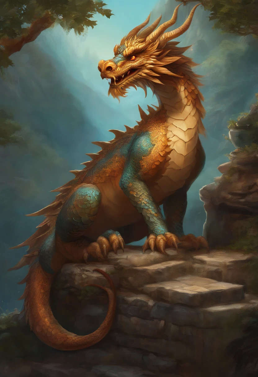 Zodiac Dragon Hairy dragon, ,Big eyes, Wear festive attire, Standing on the side of the street, Ancient style, Artistic touch,Snes painting