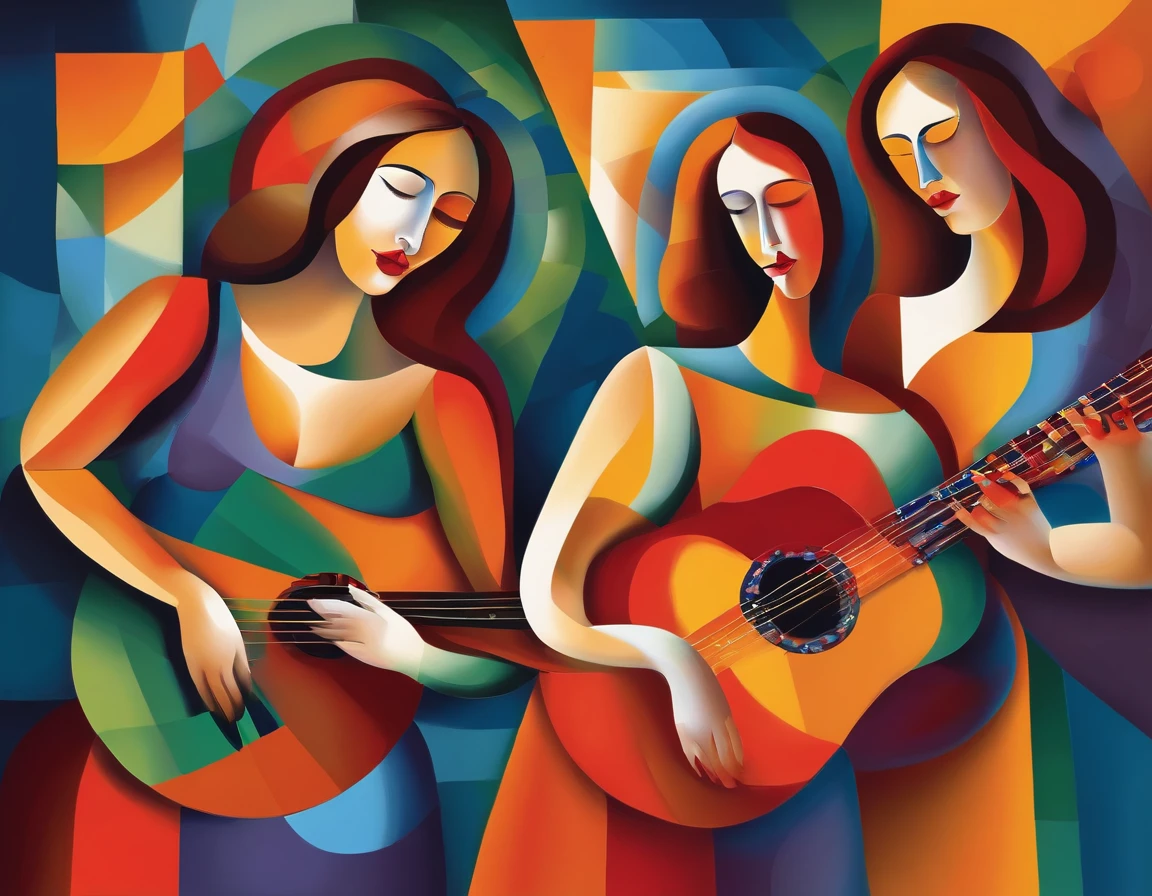 Painting of three women playing guitar and singing together, mulheres tocando guitarra, musicians, Estilo cubismo, cubistas adoram, Pintura cubista, Virtuosic painting, Guitarristas, synthetic cubism, Georgy Kurasov, Triad of Muses, Pintura estilizada, stylized digital illustration, Estilo cubista, Cubismo moderno