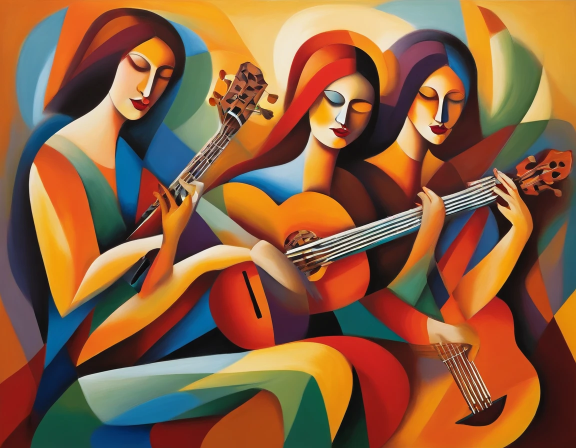 Painting of three women playing guitar and singing together, mulheres tocando guitarra, musicians, Estilo cubismo, cubistas adoram, Pintura cubista, Virtuosic painting, Guitarristas, synthetic cubism, Georgy Kurasov, Triad of Muses, Pintura estilizada, stylized digital illustration, Estilo cubista, Cubismo moderno