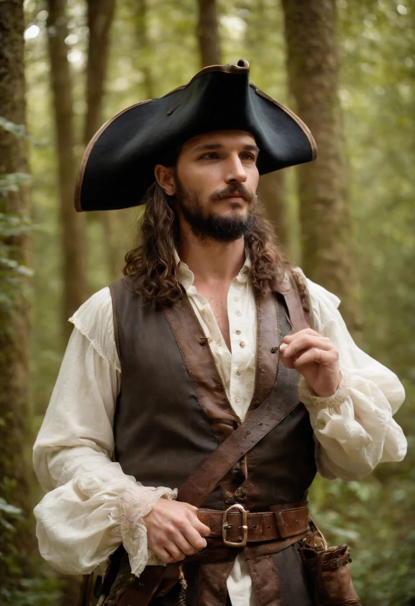 um homem com roupas do seculo XVIII, roupas velhas, pirate style hat, camisa branca, botas longas, barba longa, andando na floresta, 1650, 12k