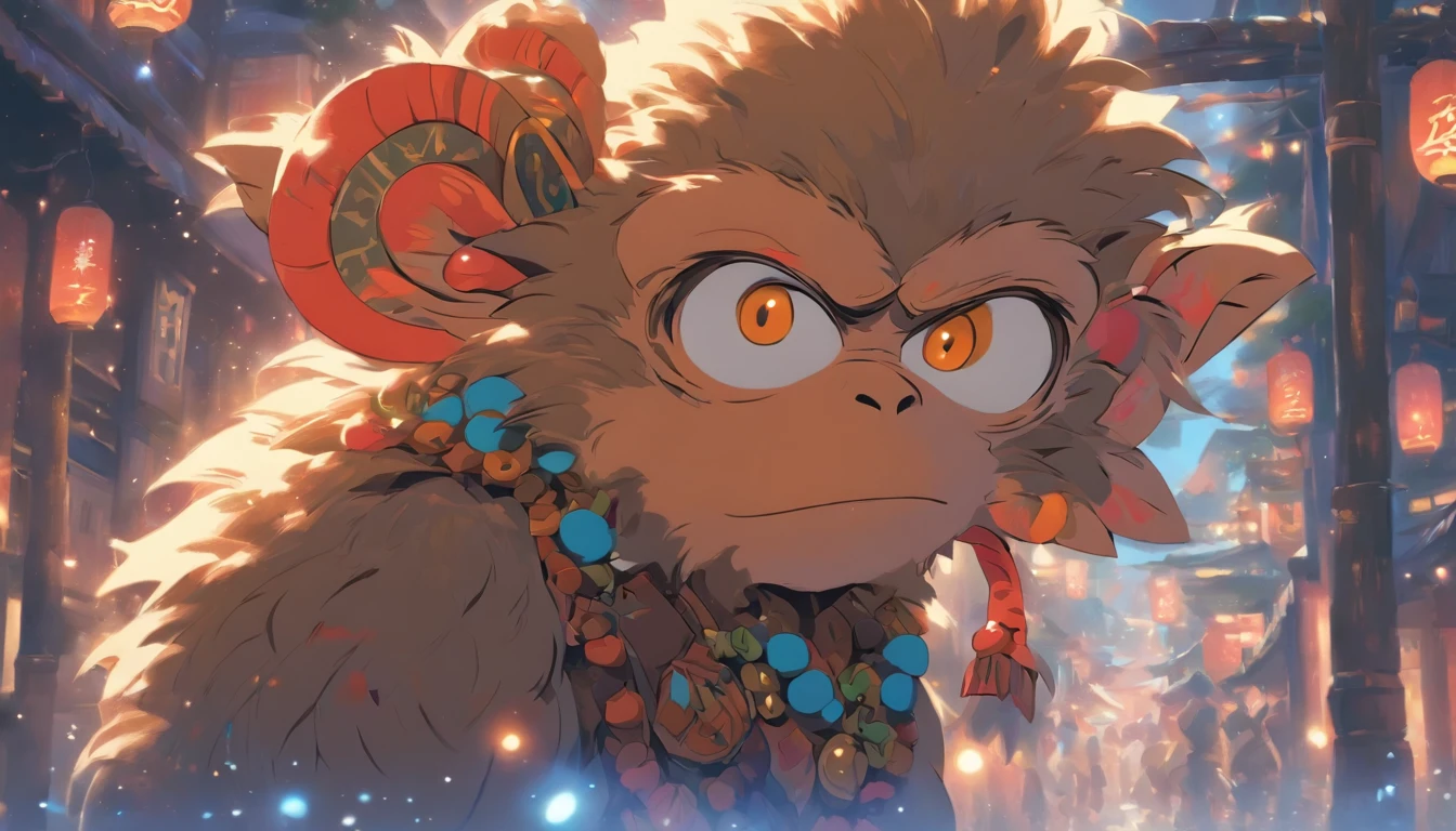 Zodiac Monkey Furry monkey, ,Big eyes, Wear festive attire, Standing on the side of the street, Ancient style, Artistic touch,Snes painting