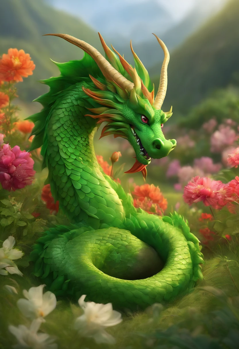 chinesedragon,adolable,shaggy,Cartoony,In the meadow,There are flowers,Green scales,Dragon's horn。