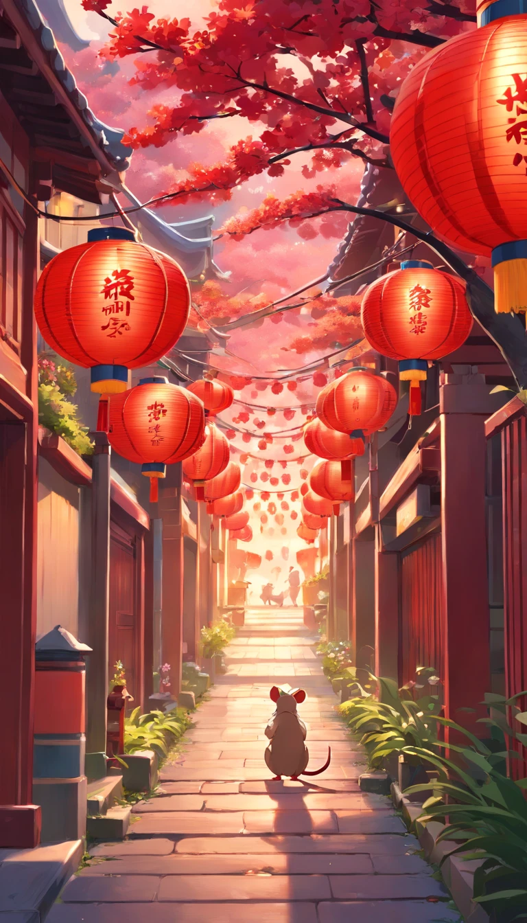 New Year rats, Lunar New Year, spring flowers, Red lanterns, fundo vermelho, Extremely high quality, Full-HD, Close-up, 2023, ..。.3D