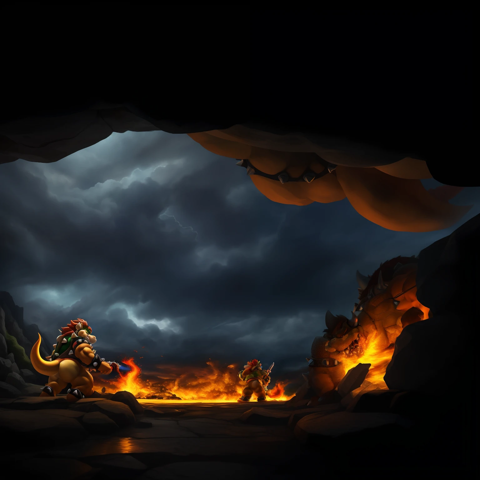 A fierce battle between Mario and Bowser in a fiery inferno, with Bowser wielding a massive fiery sword. The scene is filled with intense energy and dynamic motion. The flames are vivid and realistic, flickering with vibrant colors. Mario's eyes show determination, his face stern but confident. His iconic red cap is slightly tilted, emphasizing his heroic nature. Bowser's detailed and menacing eyes are glowing with a fiery red light, reflecting his malicious intent. His snarling mouth exposes large, sharp teeth. The scales on his body are incredibly detailed, giving him a ferocious appearance. The battle takes place on a crumbling stone bridge, providing a sense of danger and urgency. The background scenery features a dark and ominous sky, with storm clouds gathering. The lighting is dramatic and intense, enhancing the atmosphere of the battle. The overall quality of the image is of the highest standard, with ultra-detailed textures and crisp details. The artwork is done in a 3D rendering style, combining realism with artistic expression. The color tone is vibrant and rich, adding depth and visual interest to the scene. The prompt also includes a description of the fiery environment, with flames dancing and engulfing the surroundings. The prompt captures the essence of the Bowser LoRA theme, bringing it to life with vivid imagery and attention to detail.