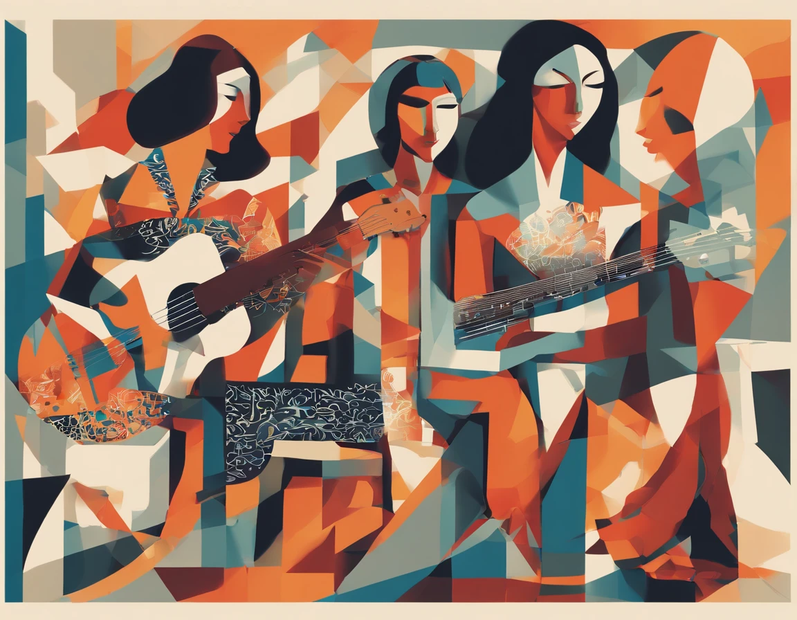 Painting of three women playing guitar and singing together, mulheres tocando guitarra, musicians, Estilo cubismo, cubistas adoram, Pintura cubista, Virtuosic painting, Guitarristas, synthetic cubism, Georgy Kurasov, Triad of Muses, Pintura estilizada, stylized digital illustration, Estilo cubista, Cubismo moderno