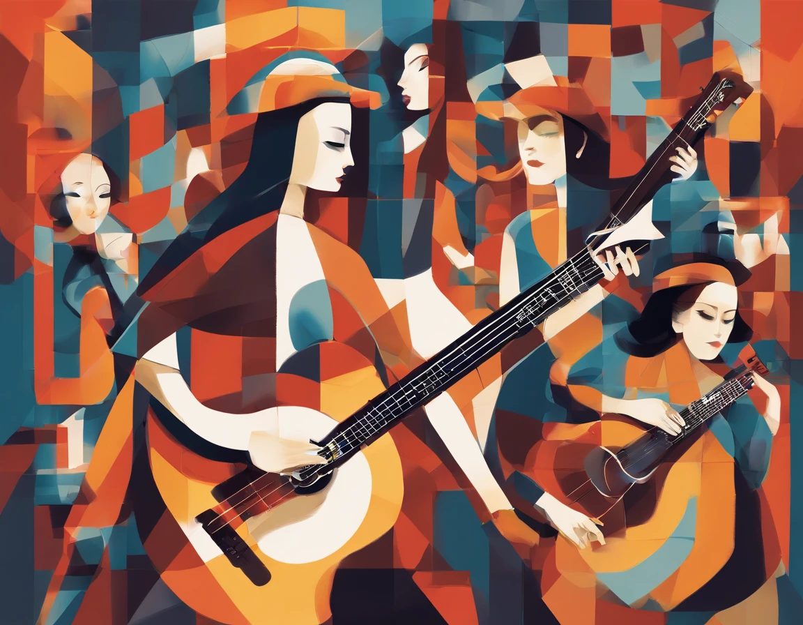 Painting of three women playing guitar and singing together, mulheres tocando guitarra, musicians, Estilo cubismo, cubistas adoram, Pintura cubista, Virtuosic painting, Guitarristas, synthetic cubism, Georgy Kurasov, Triad of Muses, Pintura estilizada, stylized digital illustration, Estilo cubista, Cubismo moderno