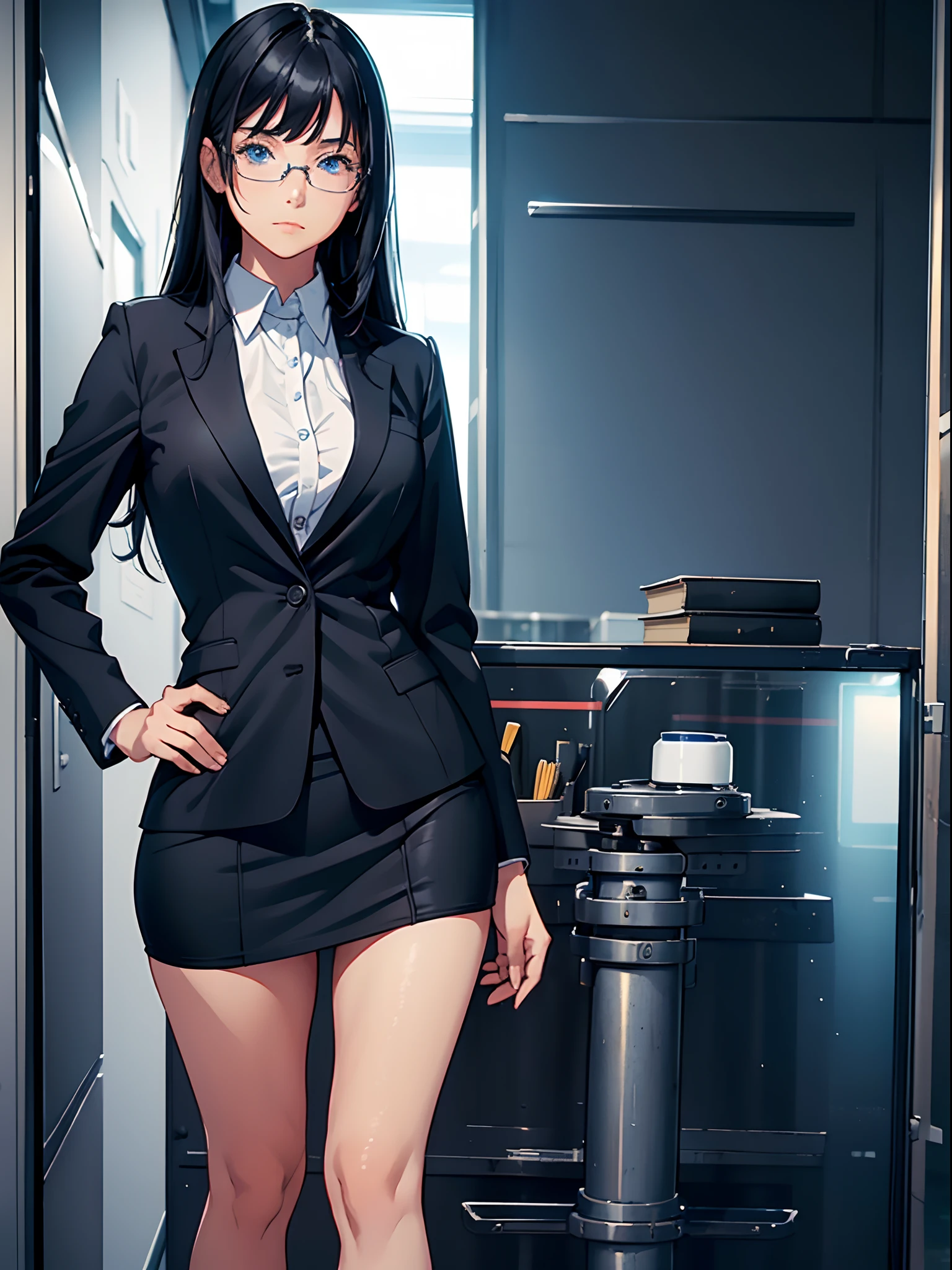 (1girl, solo), age 25, masterpiece, best quality, black hair, blue eyes, long hair, bangs, office lady, black suit, miniskirt, shoes, hands on hip, good hands, office backdrop, full body, cowboy shot, glasses.