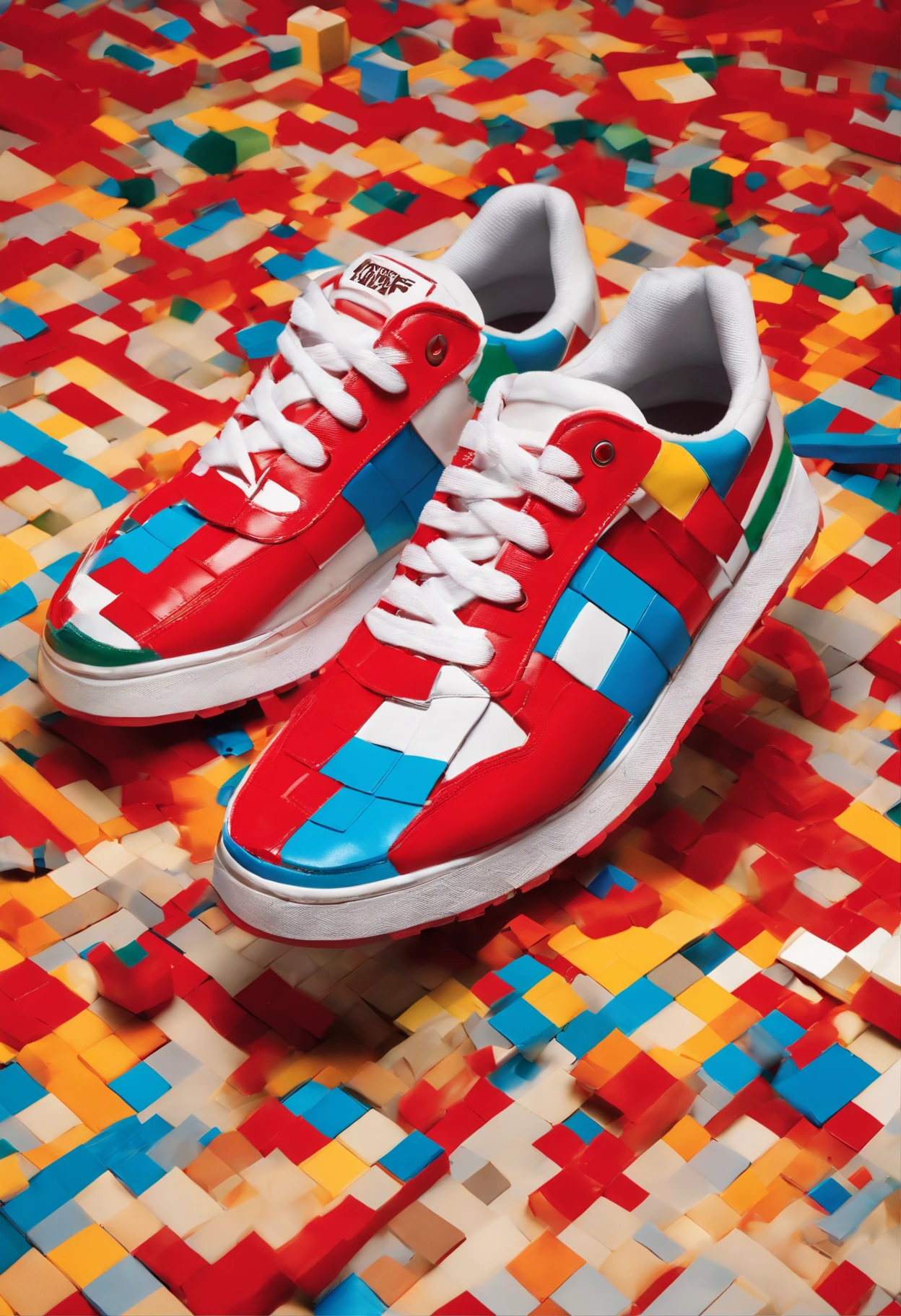 Craft a captivating and creative advertising photograph for white red sneakers that pushes the boundaries of traditional marketing. Showcase the sneakers in a unique and unexpected setting or context that tells a compelling story about the product. Use innovative lighting, angles, and composition to emphasize the sneakers' design, comfort, or performance features. Let your imagination run wild to create a visually stunning and memorable advertisement that makes viewers eager to step into these sneakers."