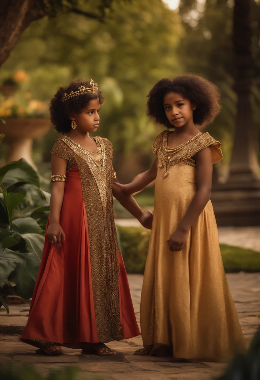 An impressionist painting of Queen Cleopatra and Arsinoe as children, Playing in the palace gardens. Both have brown skin and African features, como cabelos cacheados negros