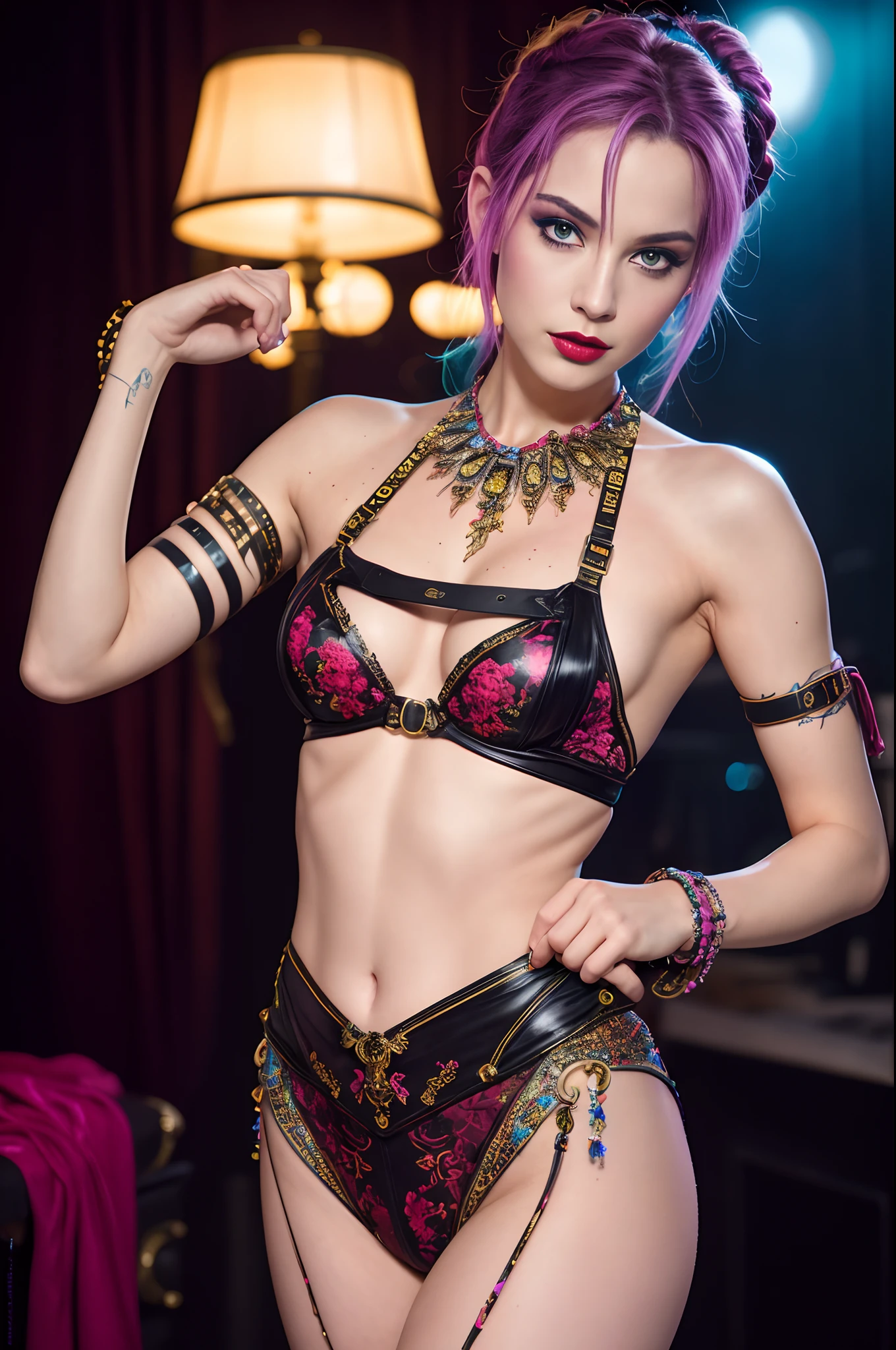 Masterpiece, Jinx from Arcane, (skin texture:1.1), best quality, ultra high res, (photorealistic: 1.4), Raw photo, by Ellen von Unwerth, Nikon D850 Film Stock Photography, F1.6 Lens, Rich Colors, Realistic, Cinestill 800, backlight, rimlighting, studiolighting