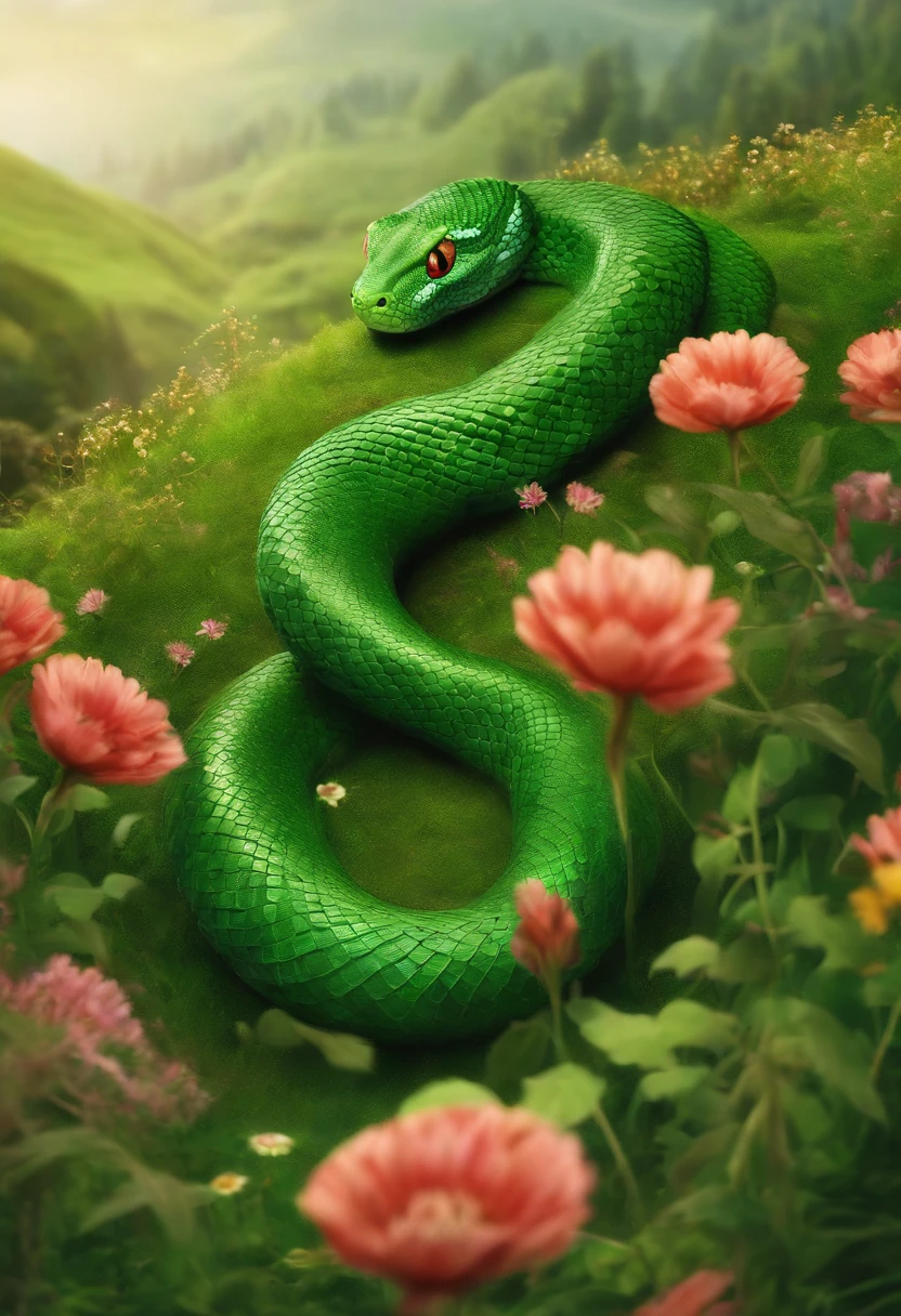 serpent，adolable，shaggy，Cartoony，In the meadow，There are flowers，Green scales。