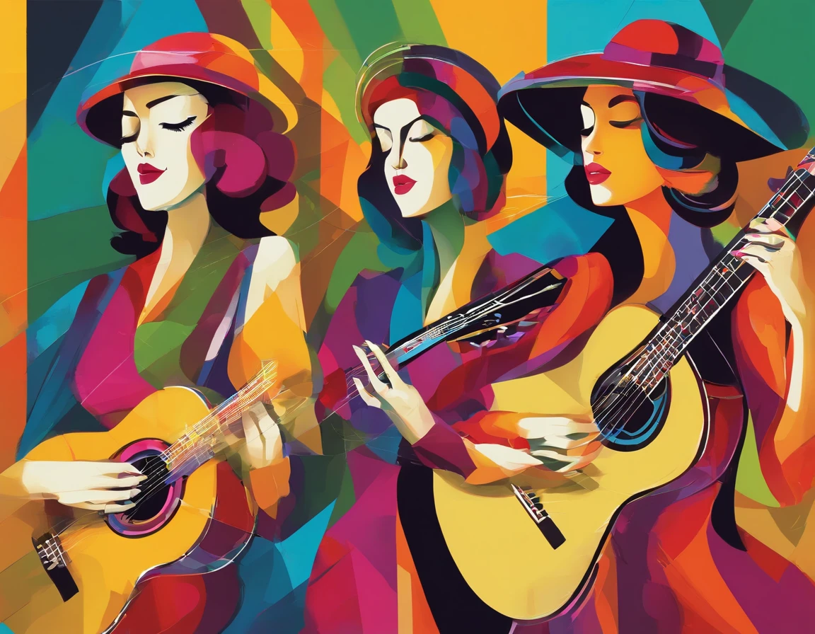 Painting of three women playing guitar and singing together, mulheres tocando guitarra, musicians, Estilo cubismo, cubistas adoram, Pintura cubista, Virtuosic painting, Guitarristas, synthetic cubism, Georgy Kurasov, Triad of Muses, Pintura estilizada, stylized digital illustration, Estilo cubista, Cubismo moderno