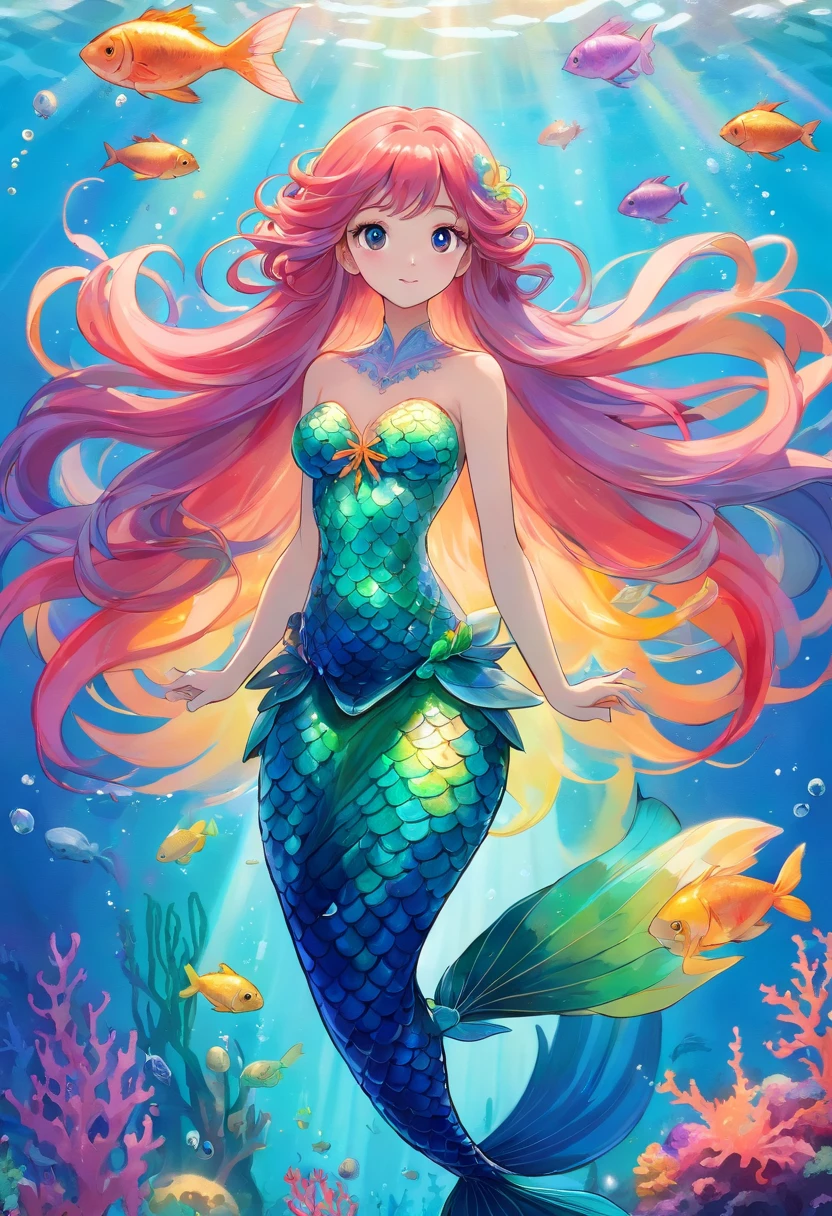 rainbow mermaid,fantasy creature (mermaid:1.1),underwater scenery,ocean depths,beautiful detailed eyes,beautiful detailed lips,sparkling scales,flowing colorful hair,finely detailed fish tail,magical underwater lighting,calm and serene atmosphere,peaceful underwater kingdom,dreamlike setting,floating seaweed and coral,fascinating marine life,vibrant and bright colors,natural sunlight filtering through the water,iridescent jellyfish dancing around,playful and gentle sea creatures,ethereal and enchanting presence,mythical and mysterious aura.