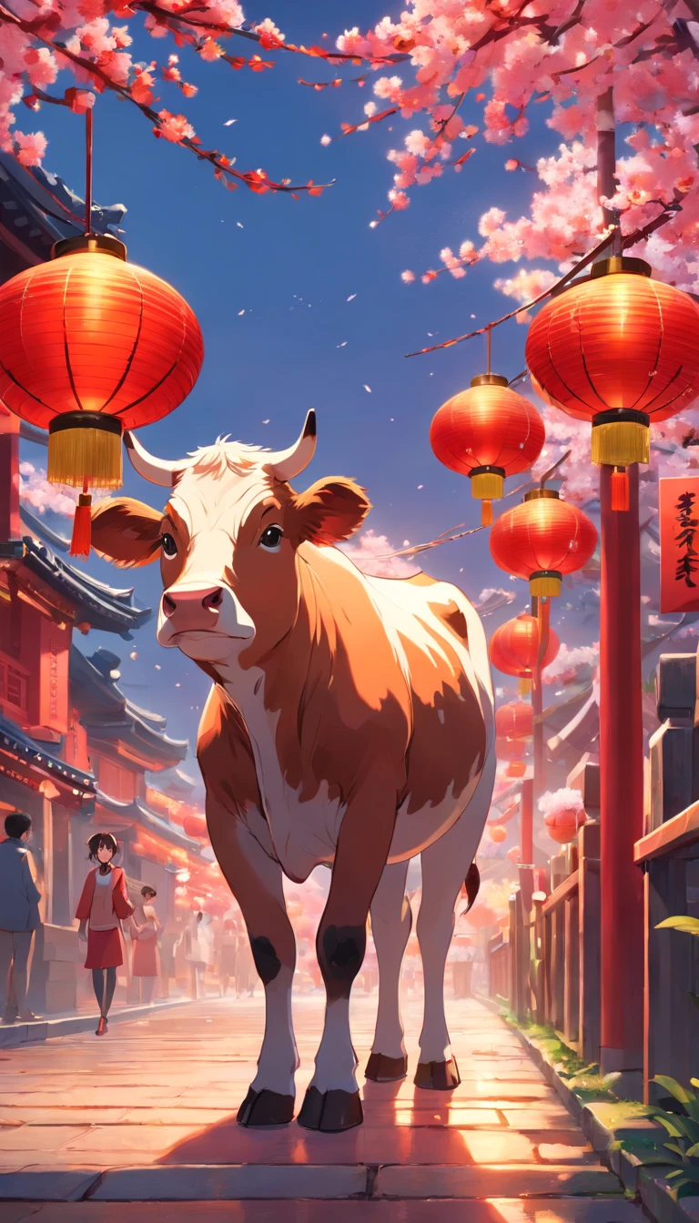 New Year's Cow, Lunar New Year, spring flowers, Red lanterns, fundo vermelho, Extremely high quality, Full-HD, Close-up, 2023, ..。.3D